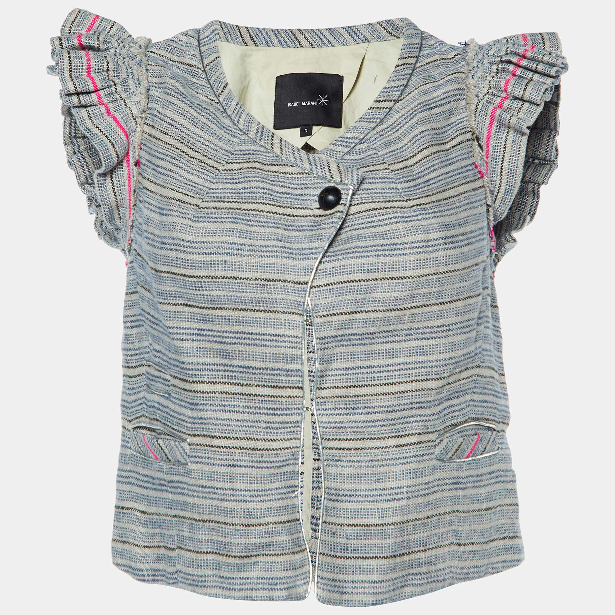Isabel Marant Grey Stripe Linen Flutter Sleeve Crop Top XS