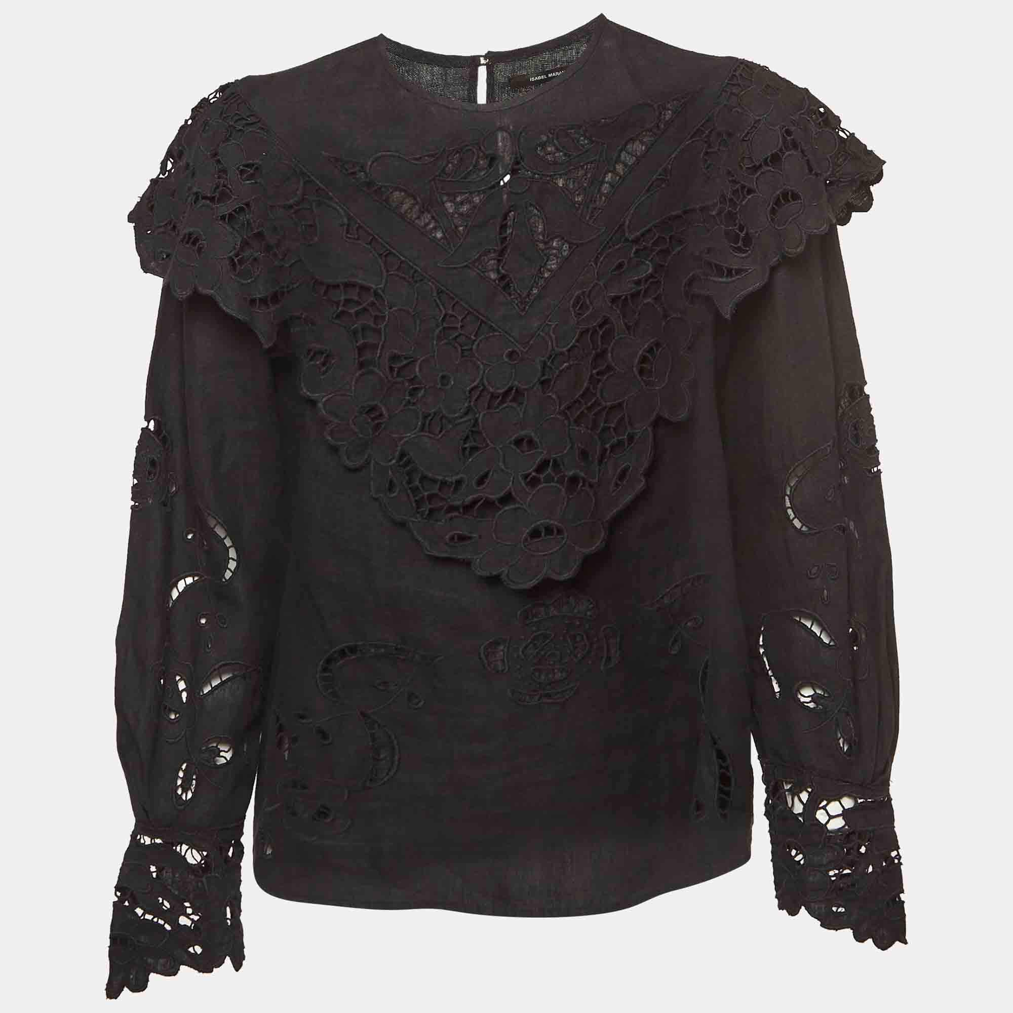 Pre Owned Isabel Marant Black Broderie-Anglaise Linen Eloine Top M