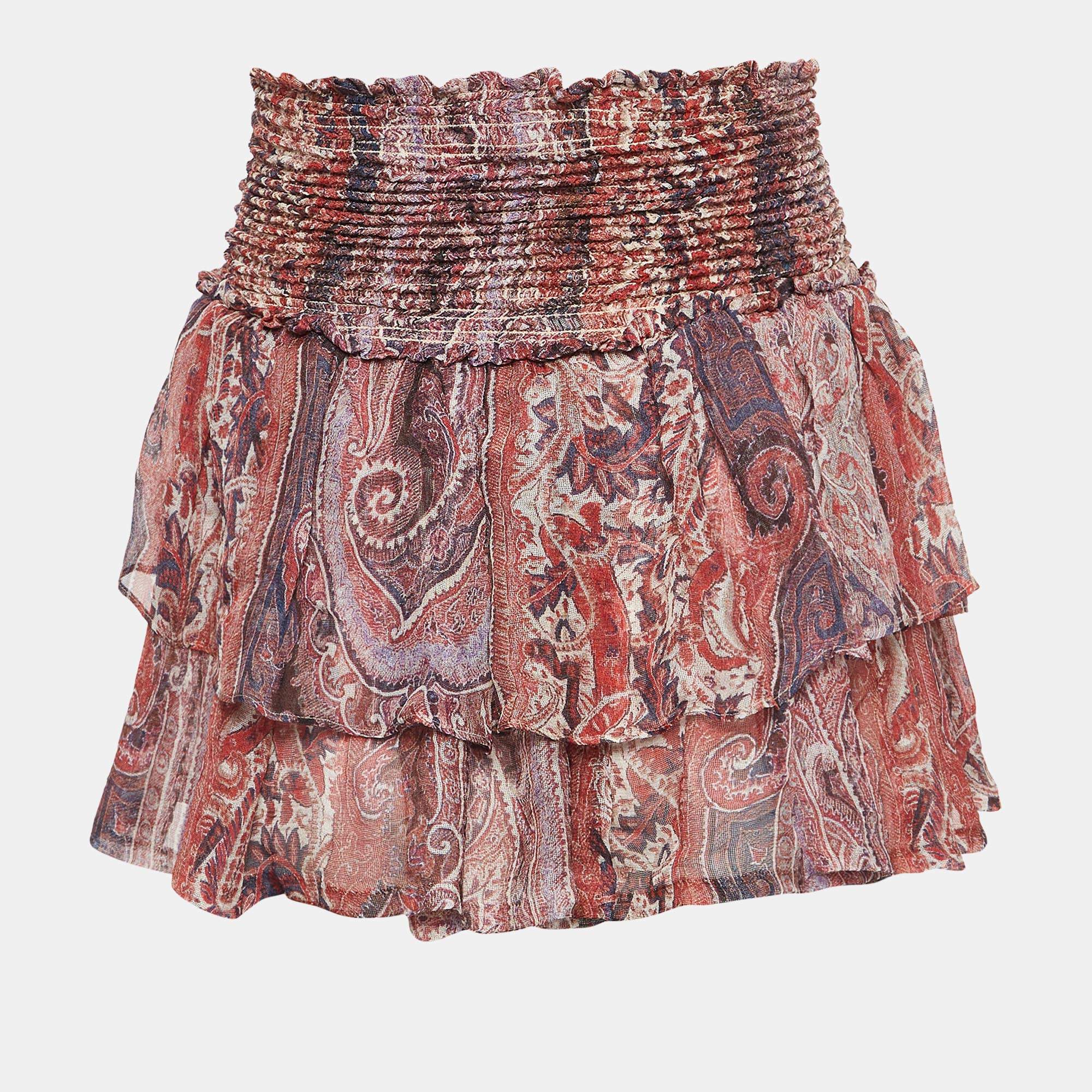  Isabel Marant Purple Multicolor Smocked Zelia Mini Skirt S