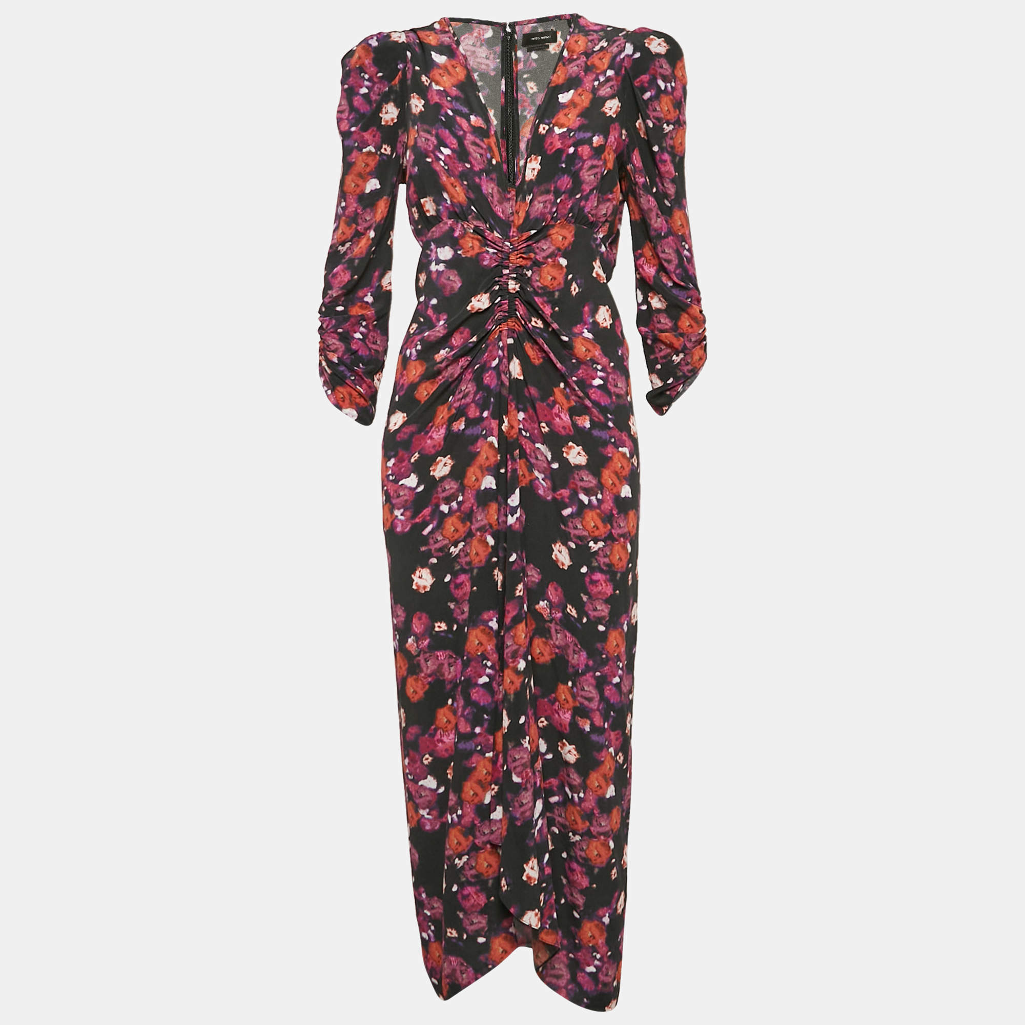 Isabel Marant Black Floral Print Midi Ruched Midi Dress M
