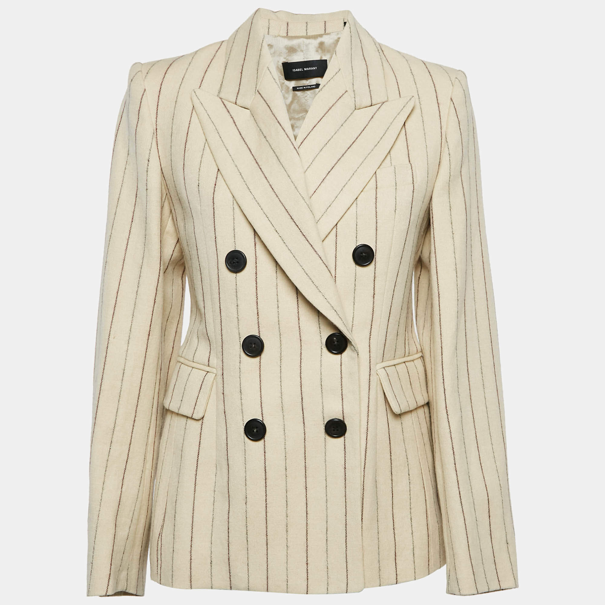 Pre Owned Isabel Marant Cream Pinstripe Linen Blend Double Breasted Blazer M