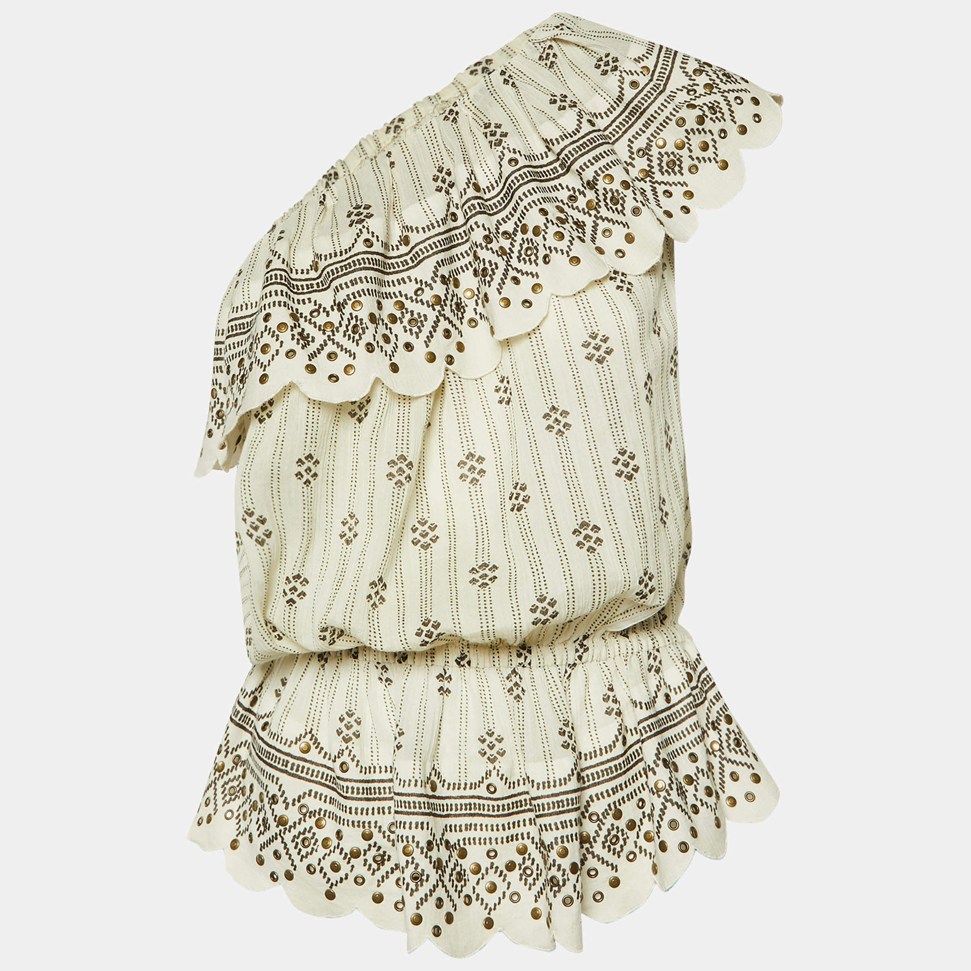 Isabel Marant Ivory Printed Cotton Studded One Shoulder Top M
