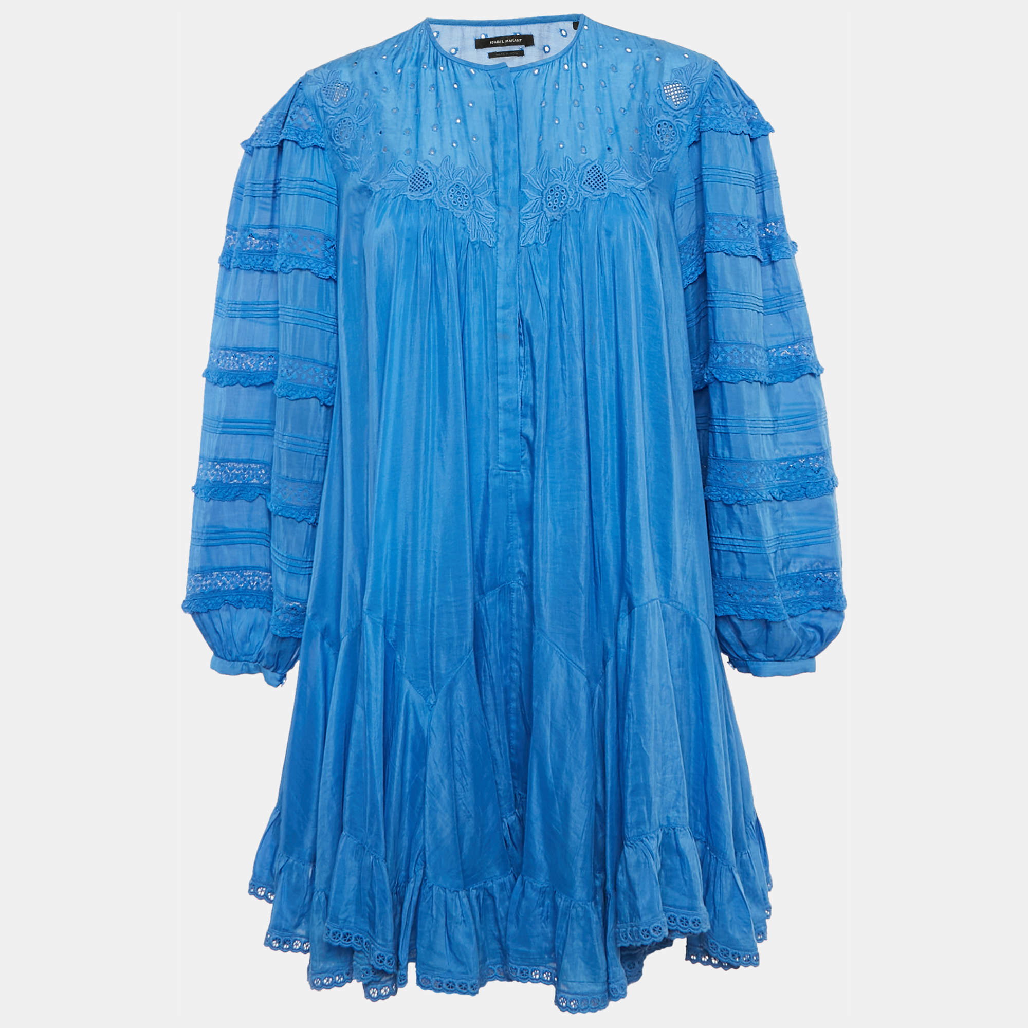 Pre Owned Isabel Marant Blue Embroidered Viscose Lace Trimmed Mini Gyliane Dress S