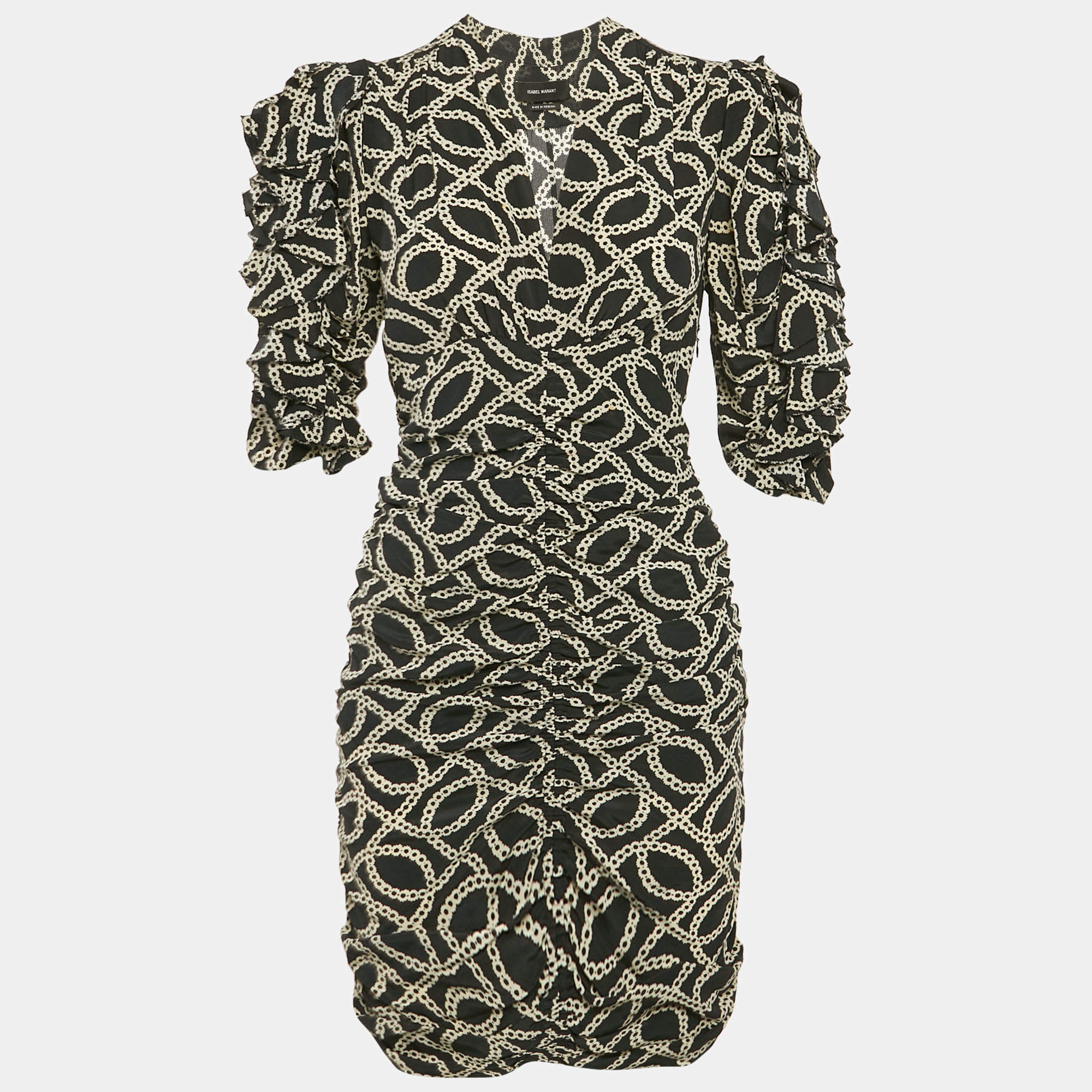 Pre Owned Isabel Marant Black Printed Silk Ruche Detail Mini Dress S