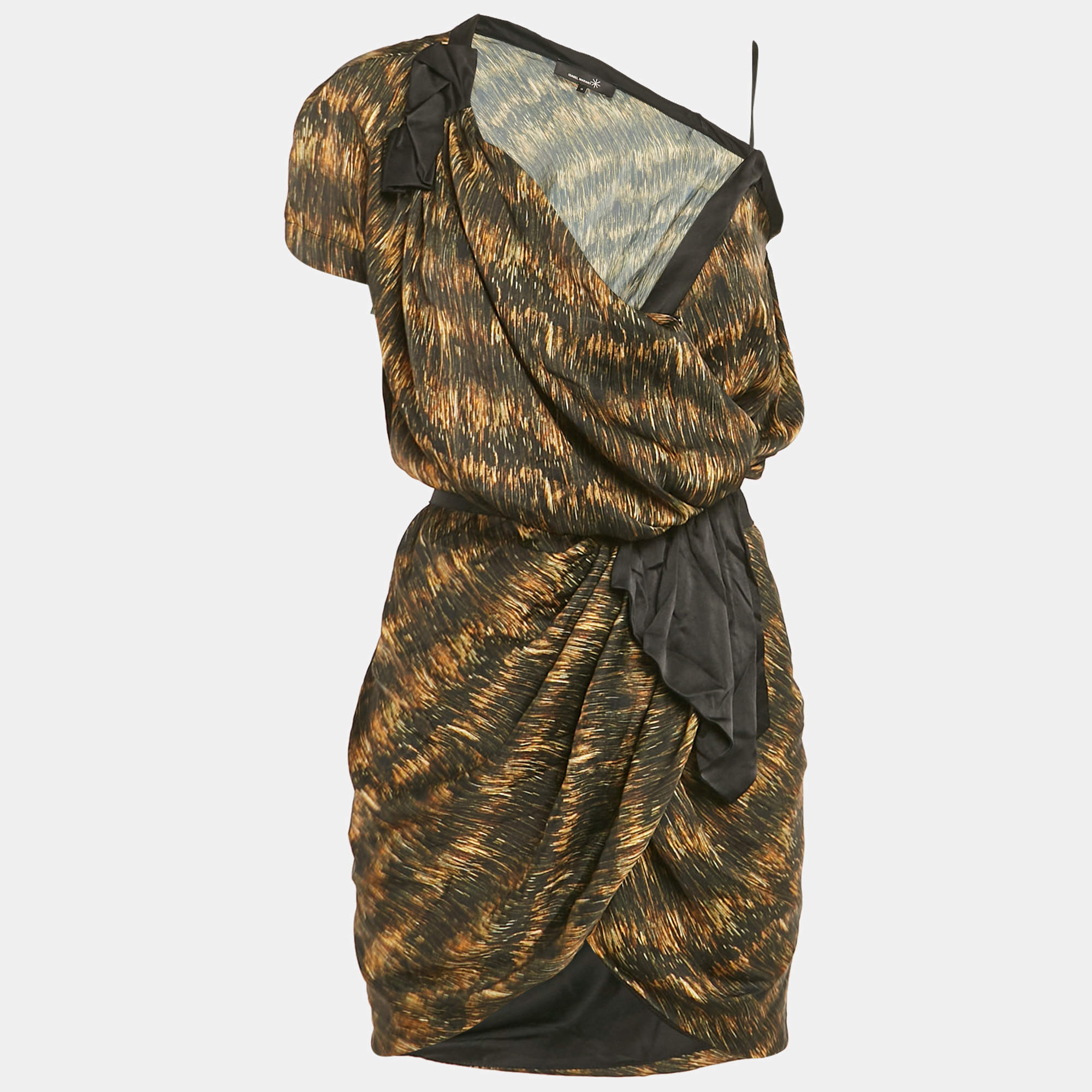 Isabel Marant Black Printed Satin Asymmetric Wrap Mini Dress XS