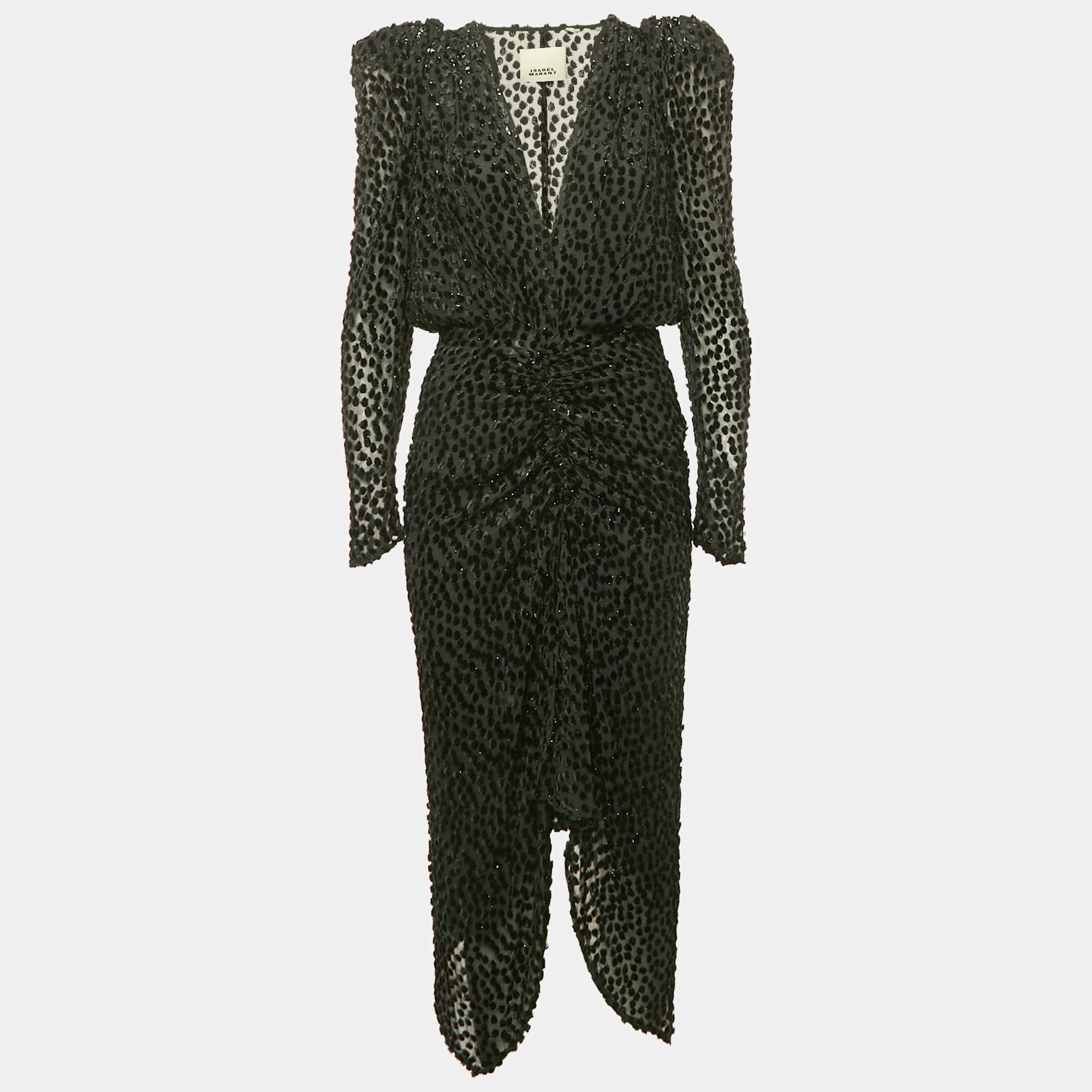 Pre Owned Isabel Marant Black Flocked Chiffon Ruche Asymmetric Midi Dress M