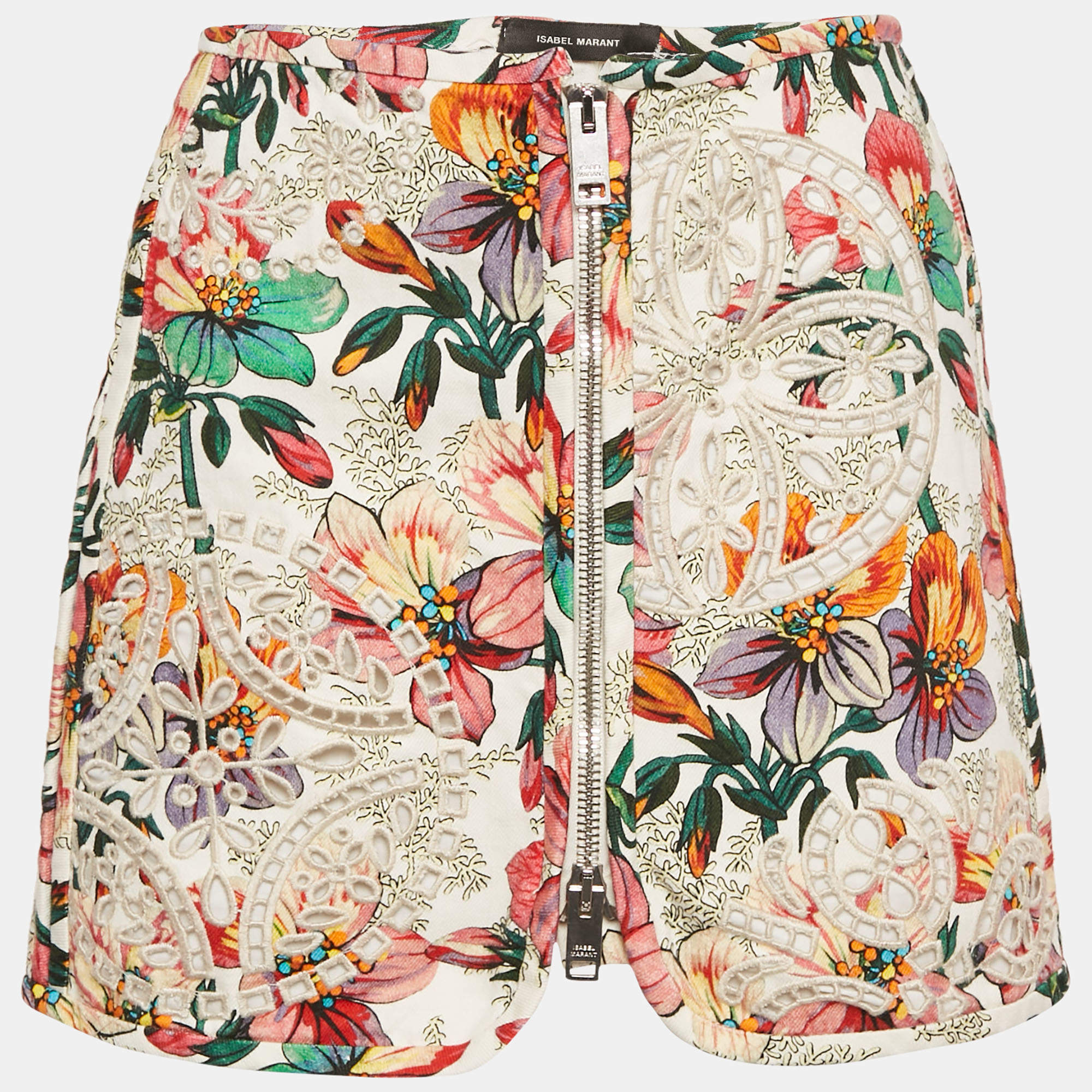 Isabel Marant White Floral Print Broderie Anglaise Mini Skirt M