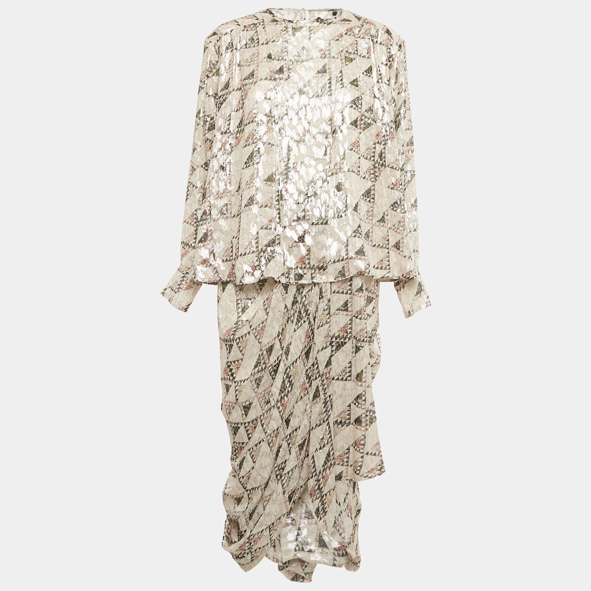 Pre Owned Isabel Marant Grey Lurex Midway Fil Coupe Top and Skirt Set M