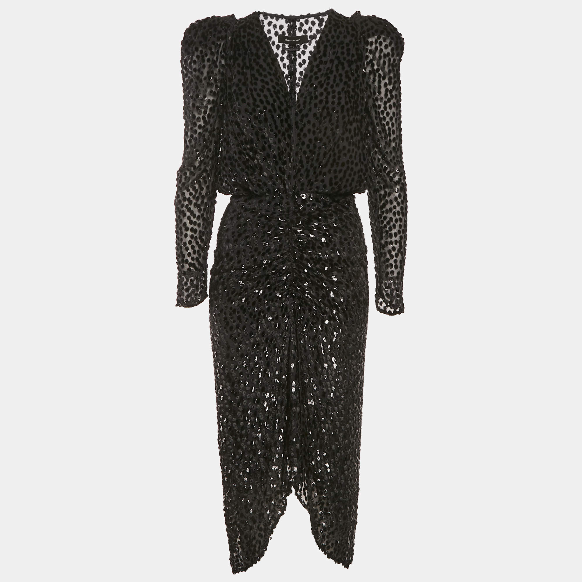 Pre Owned Isabel Marant Black Dot Devore Plunge Neck Ruched Midi Dress M