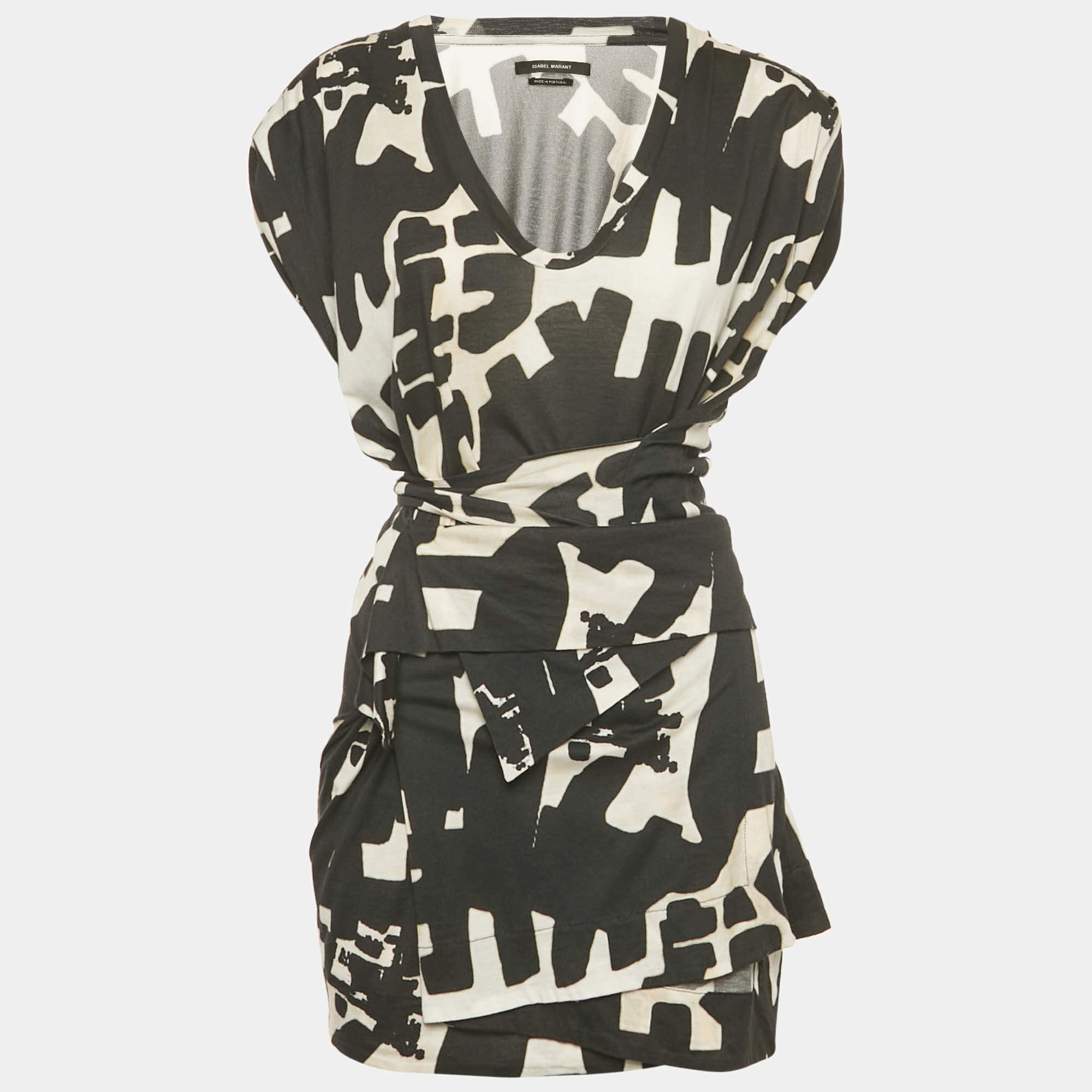 Pre Owned Isabel Marant Black/White Printed Jersey Drape Style Mini Dress L