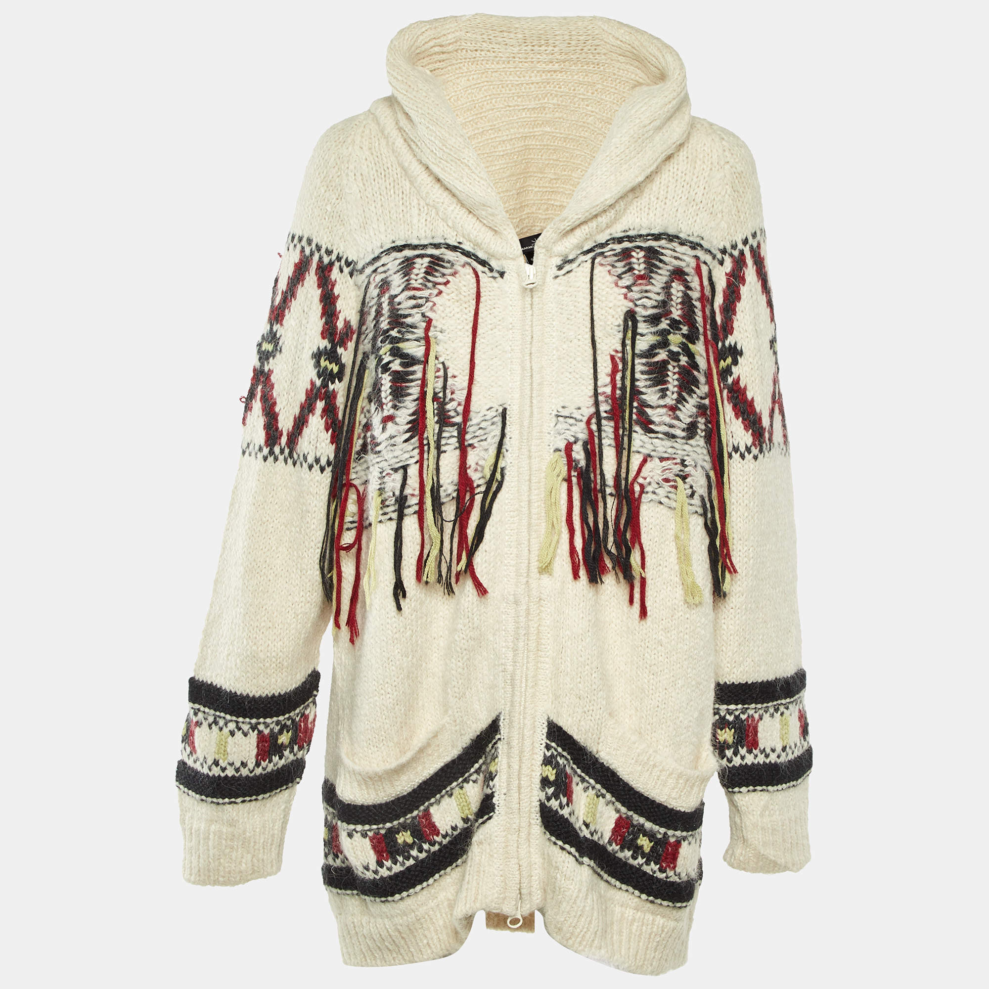 Pre Owned Isabel Marant Off White Intarsia Knit Fringed Zip-Up Yosemite Cardigan XS