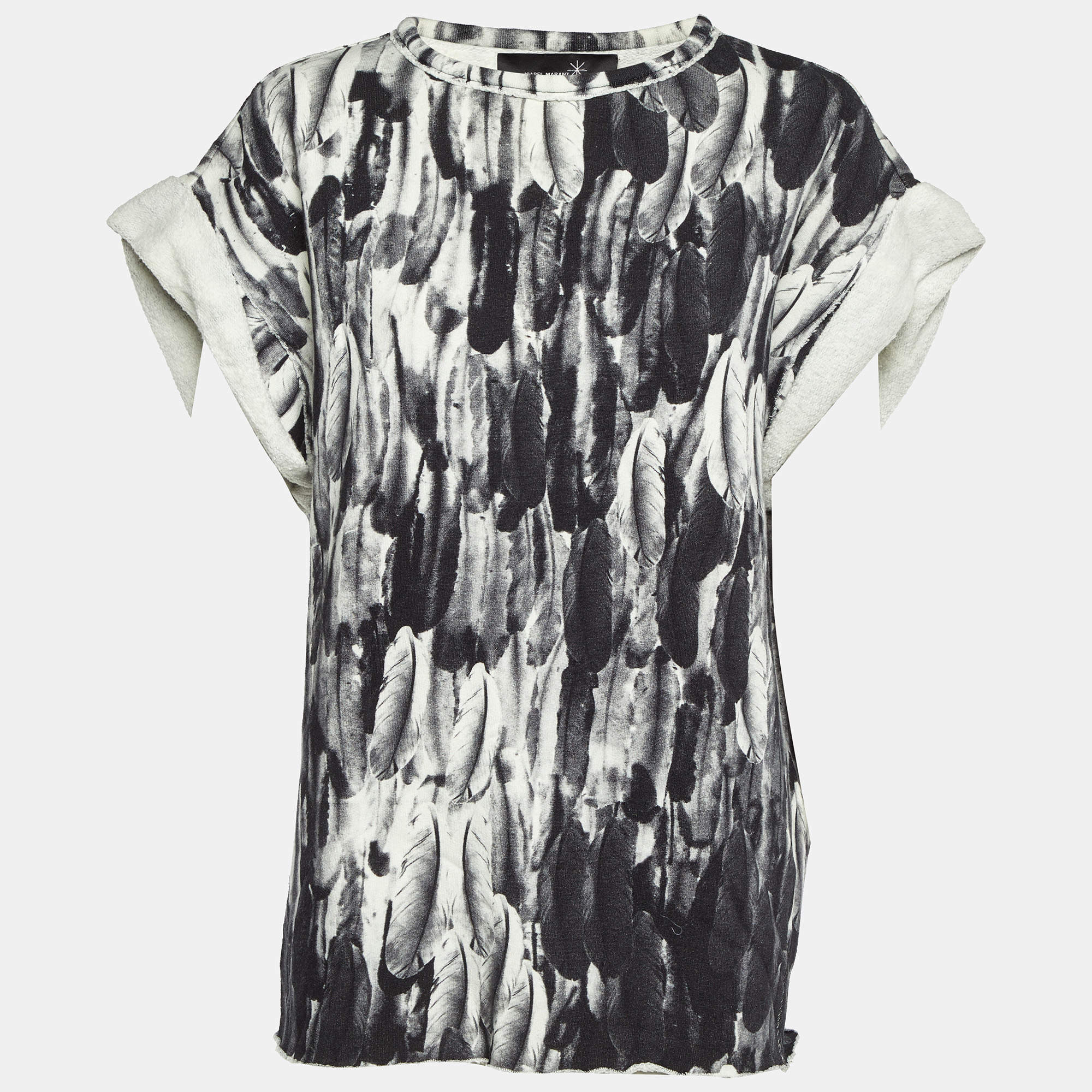 Pre Owned Isabel Marant Black Feather Print Cotton Knit Top M