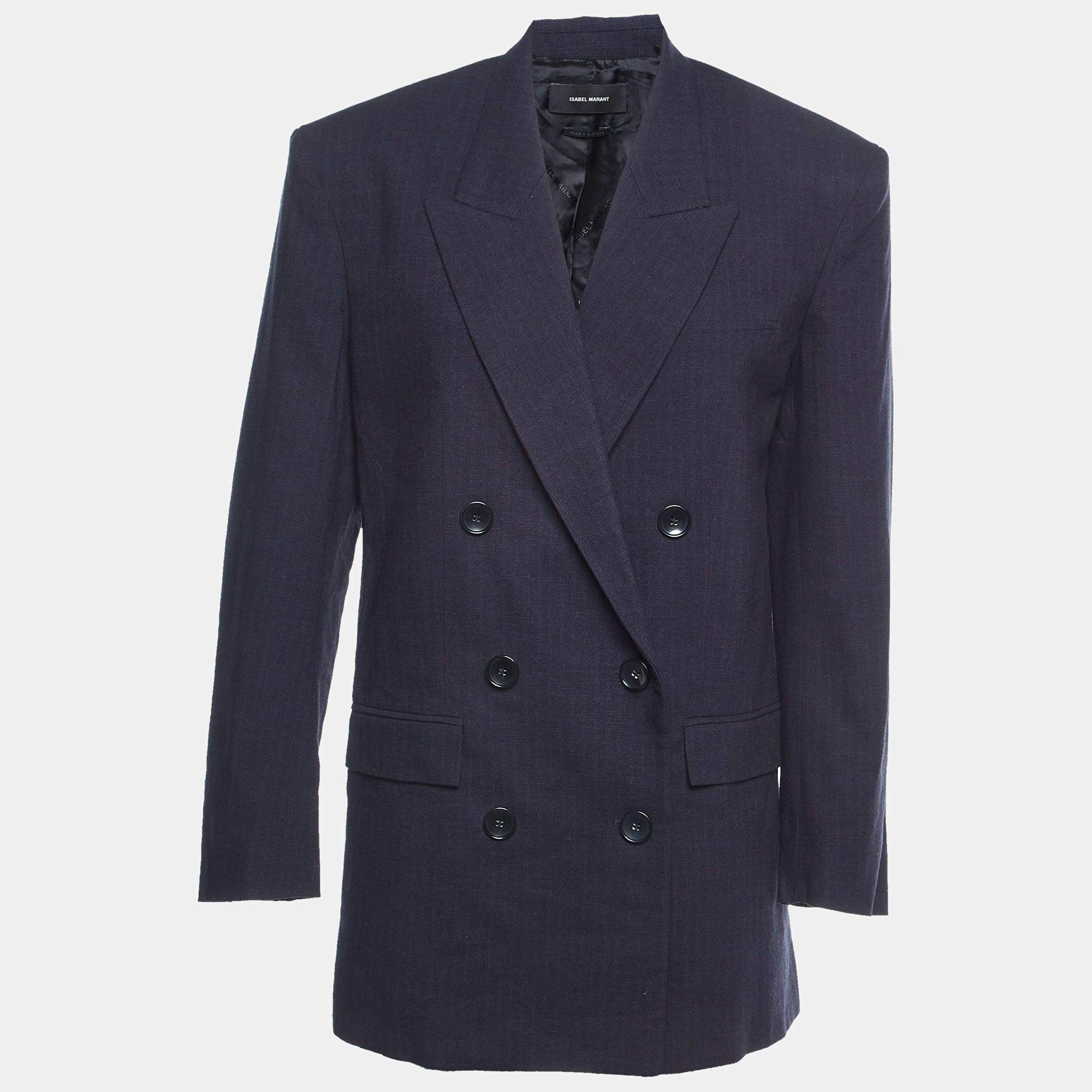 Pre Owned Isabel Marant Navy Blue Striped Detail Cotton Blend Double Breasted Blazed S