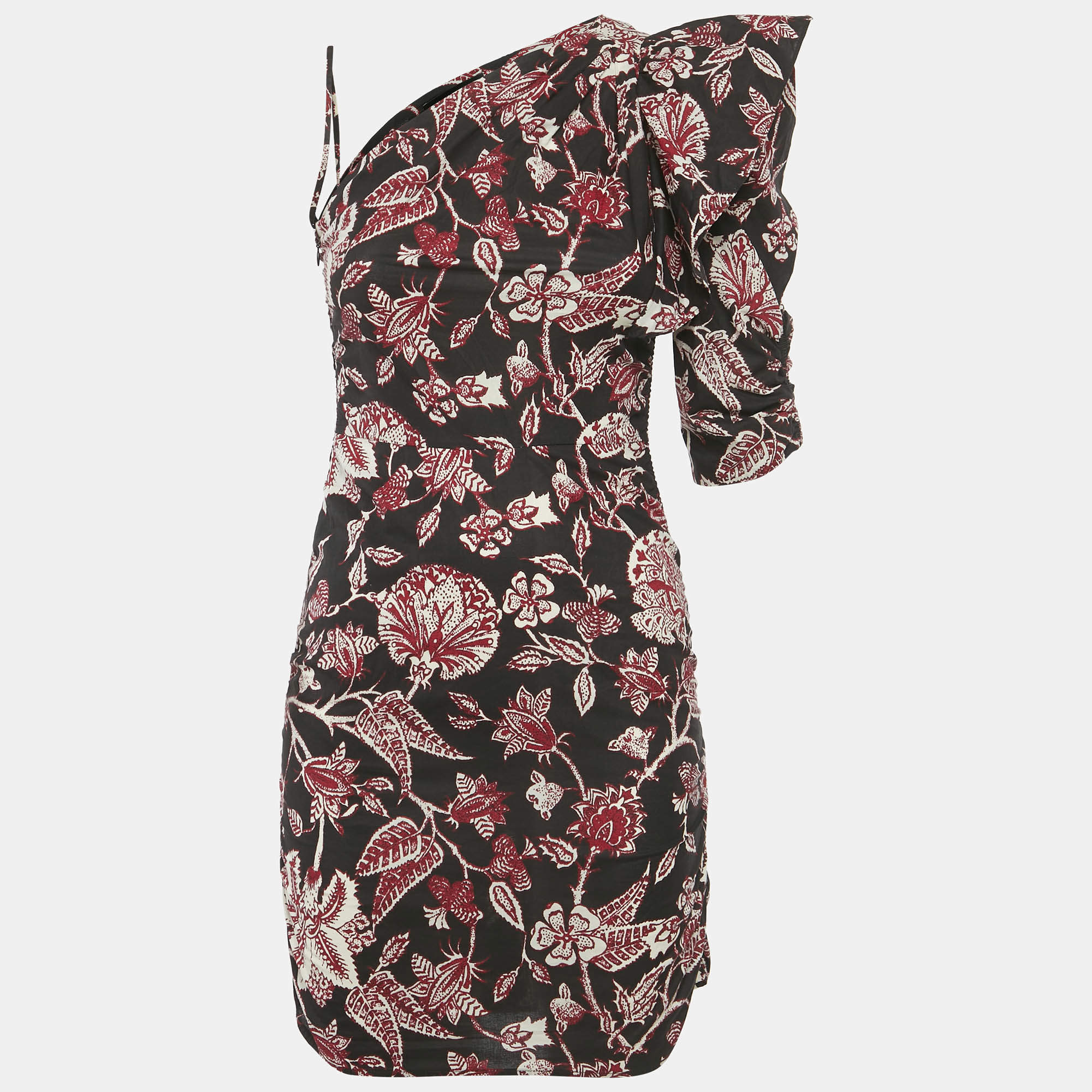 Pre Owned Isabel Marant Brown Floral Print Cotton One Shoulder Mini Dress S