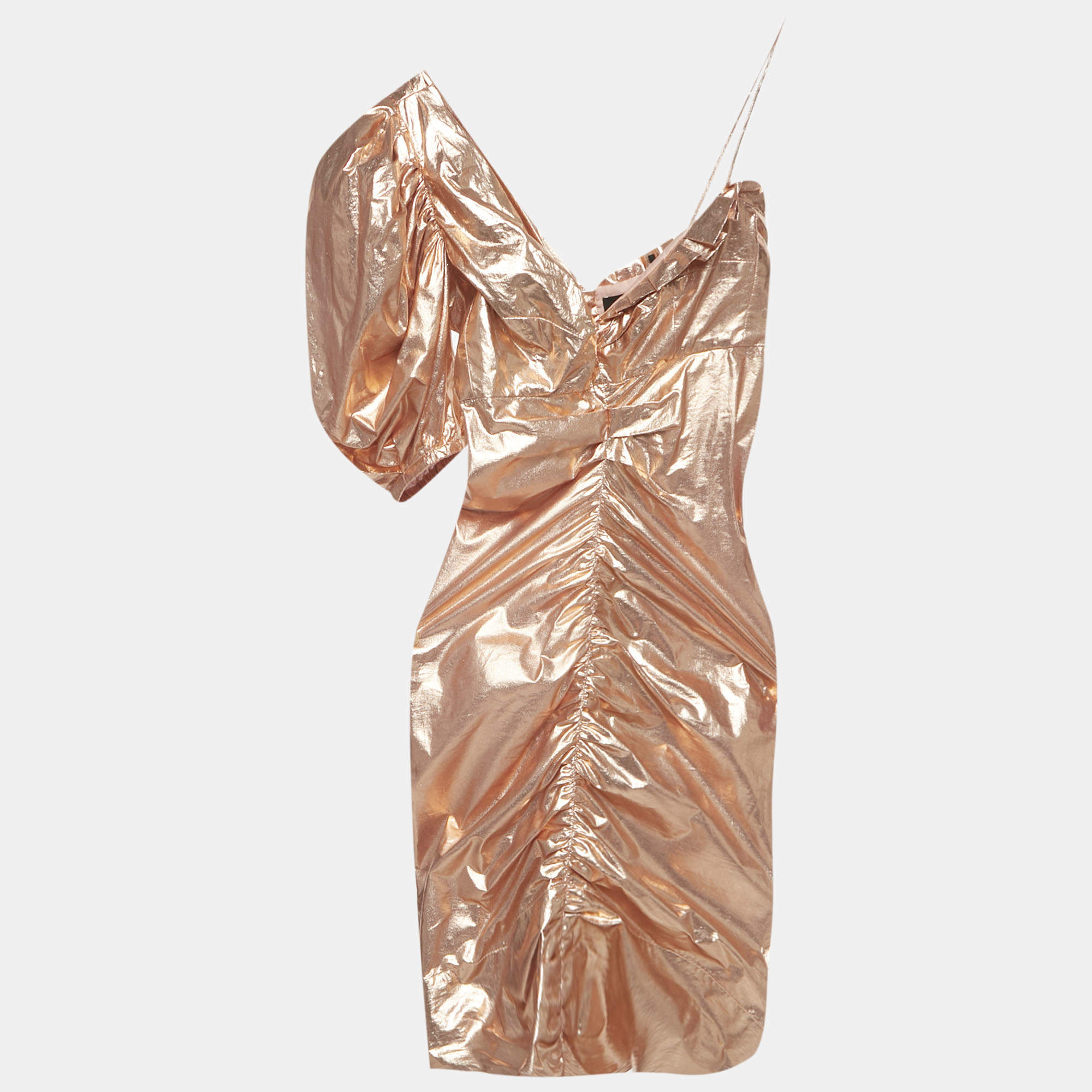 Pre Owned Isabel Marant Rose Gold Metallic Cotton One Shoulder Ruched Mini Dress S