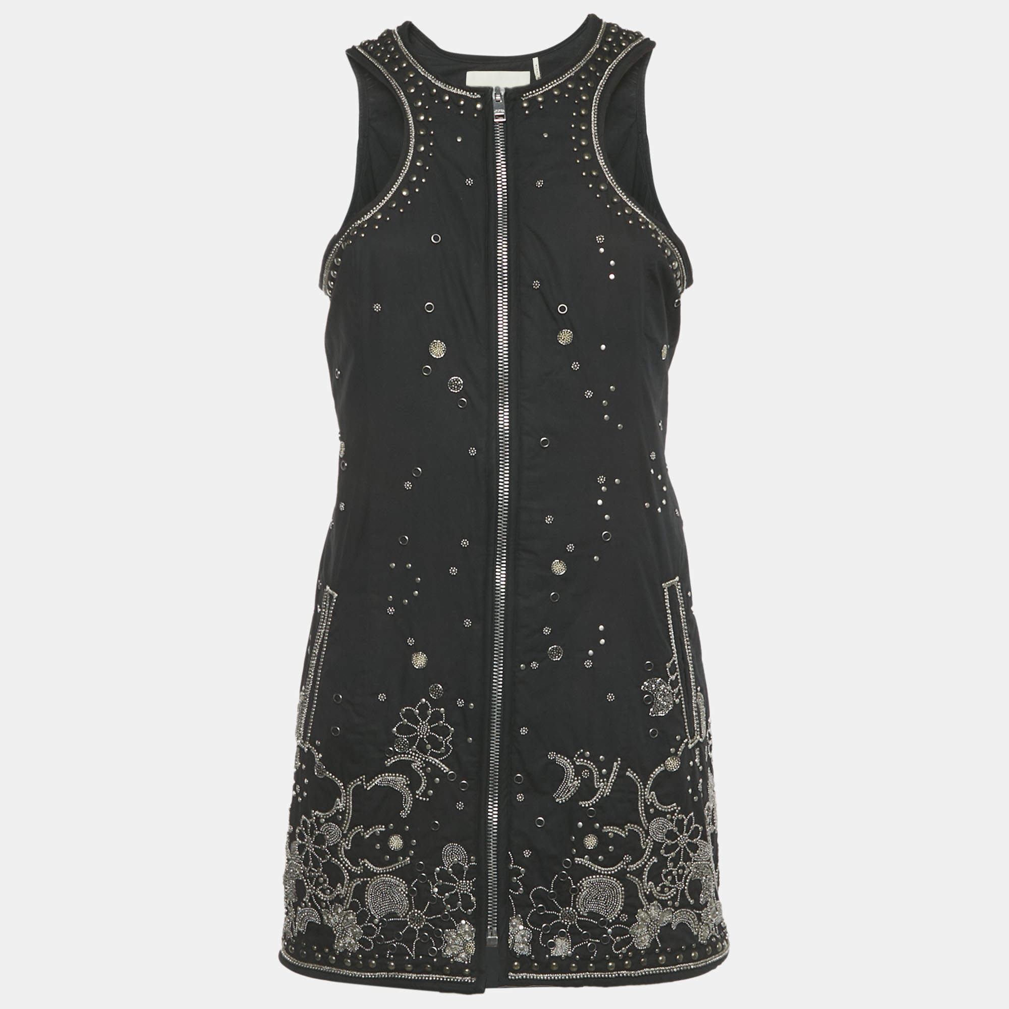 Pre Owned Isabel Marant Black Floral Embellished Cotton Zip Front Mini Dress M