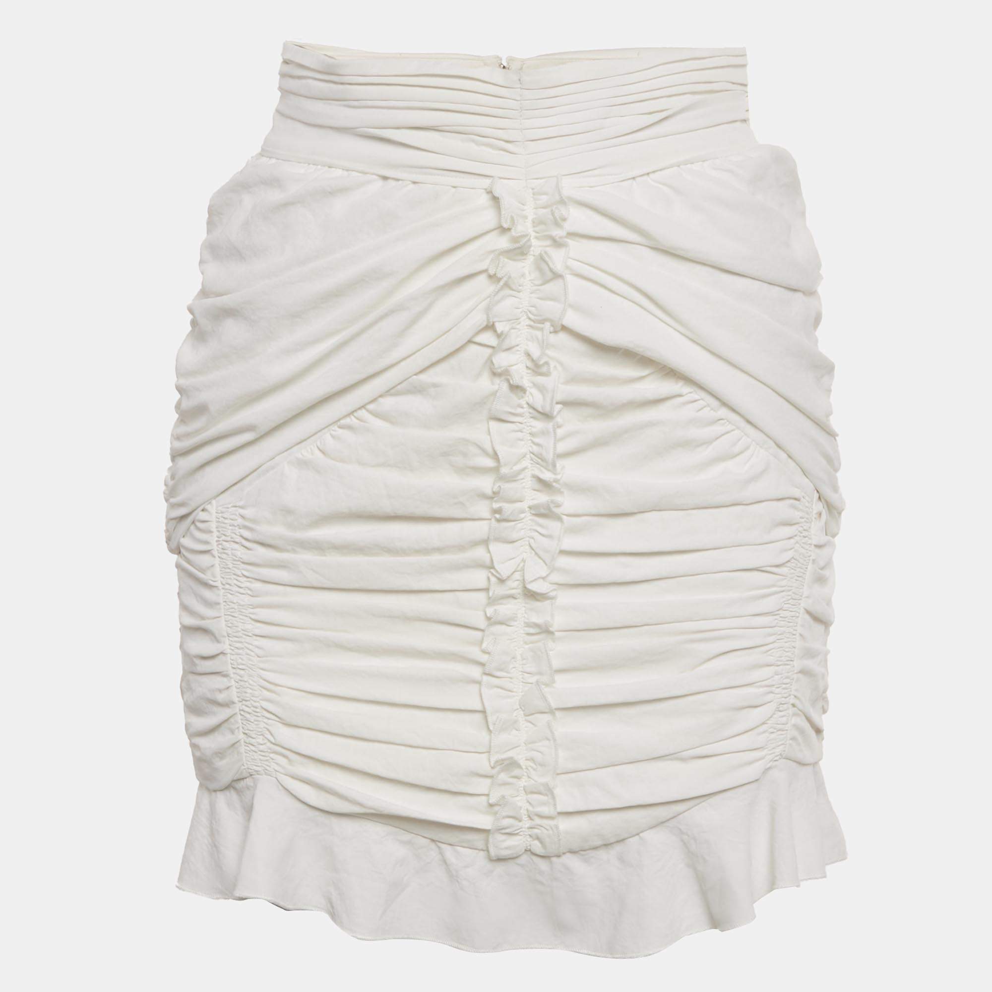 Pre Owned Isabel Marant White Crepe Ruched & Ruffle Mini Skirt S
