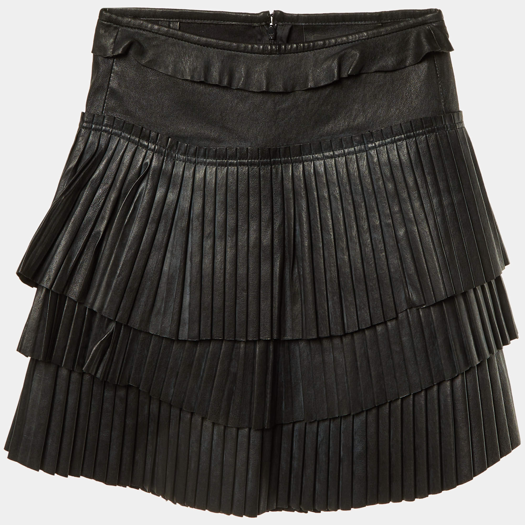 Pre Owned Isabel Marant Black Leather Pleated Tiered Mini Skirt S