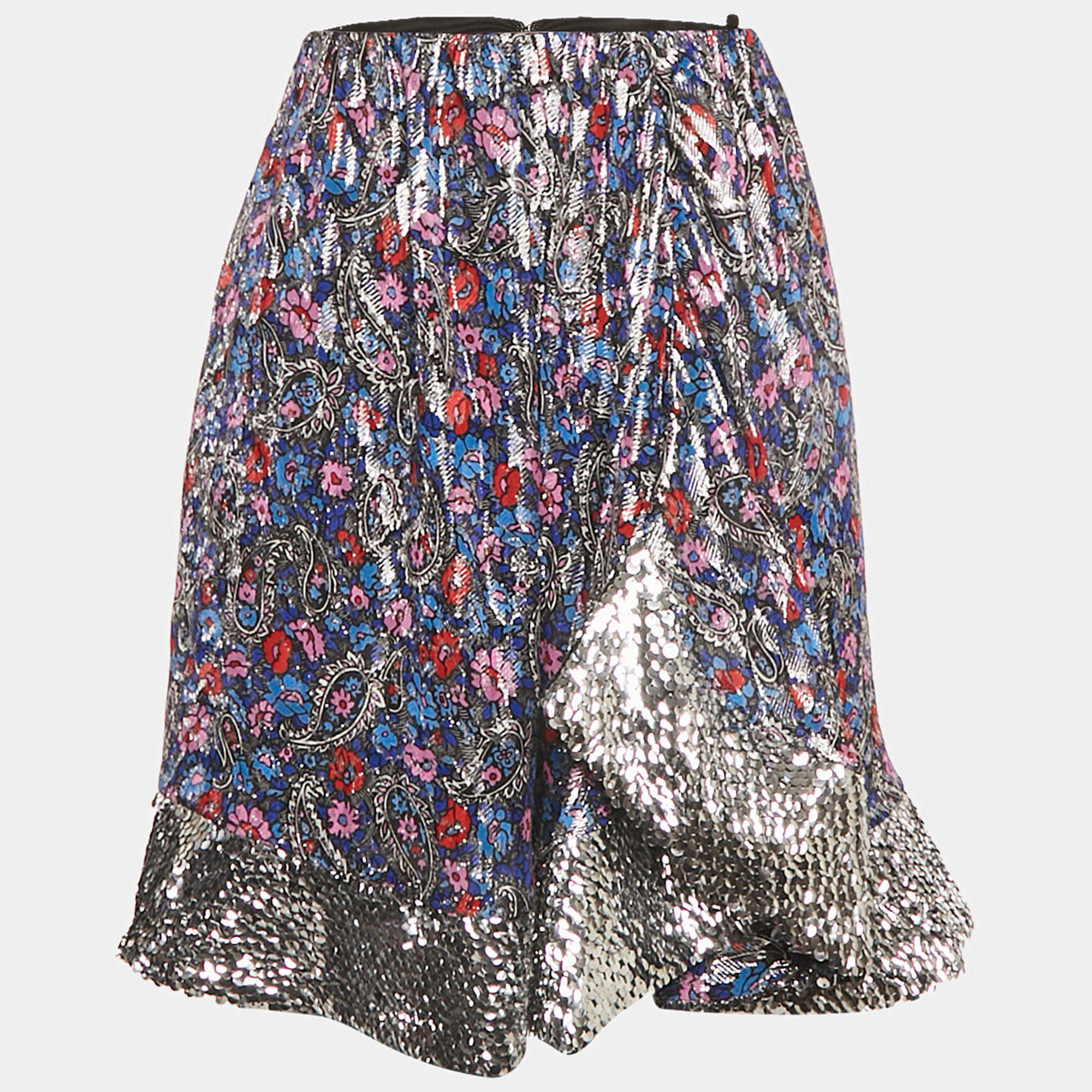 Pre Owned Isabel Marant Blue Sequin Hem Brocade Mini Skirt M