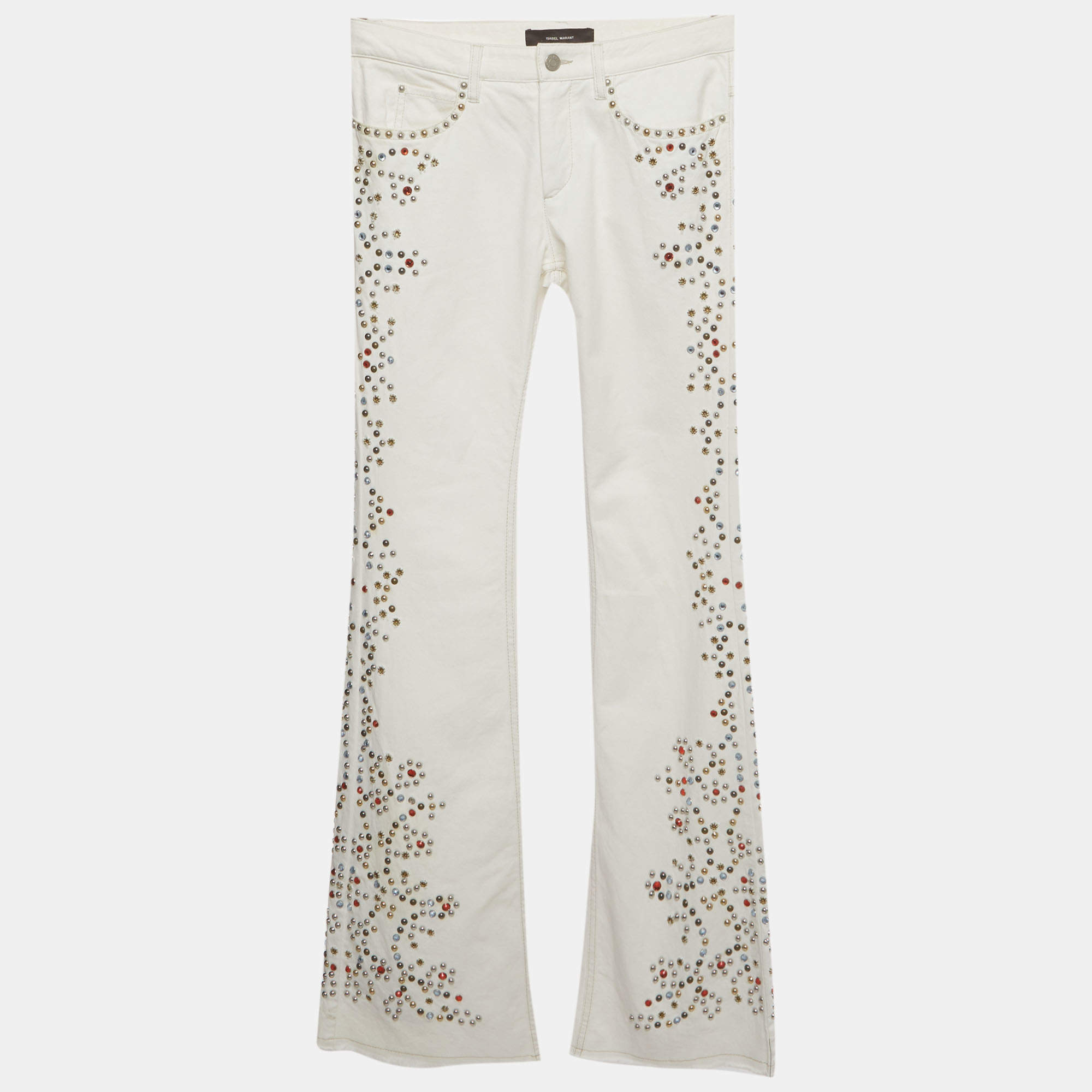 Pre Owned Isabel Marant White Embellished Denim Straight Fit Jeans M/Waist 29"
