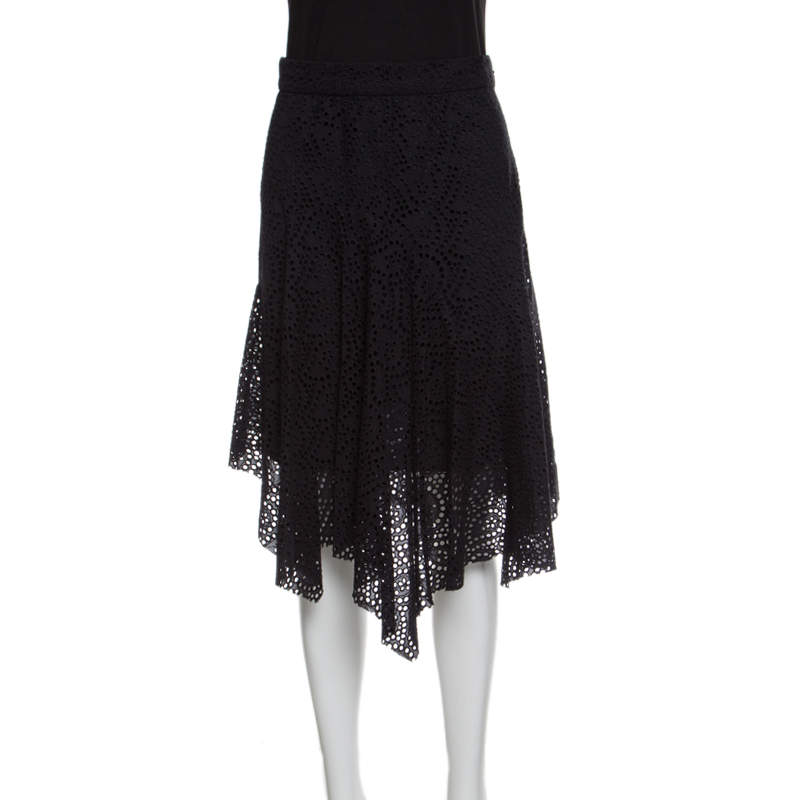 Pre Owned Isabel Marant Black Eyelet Embroidered Cotton Asymmetric Skirt M
