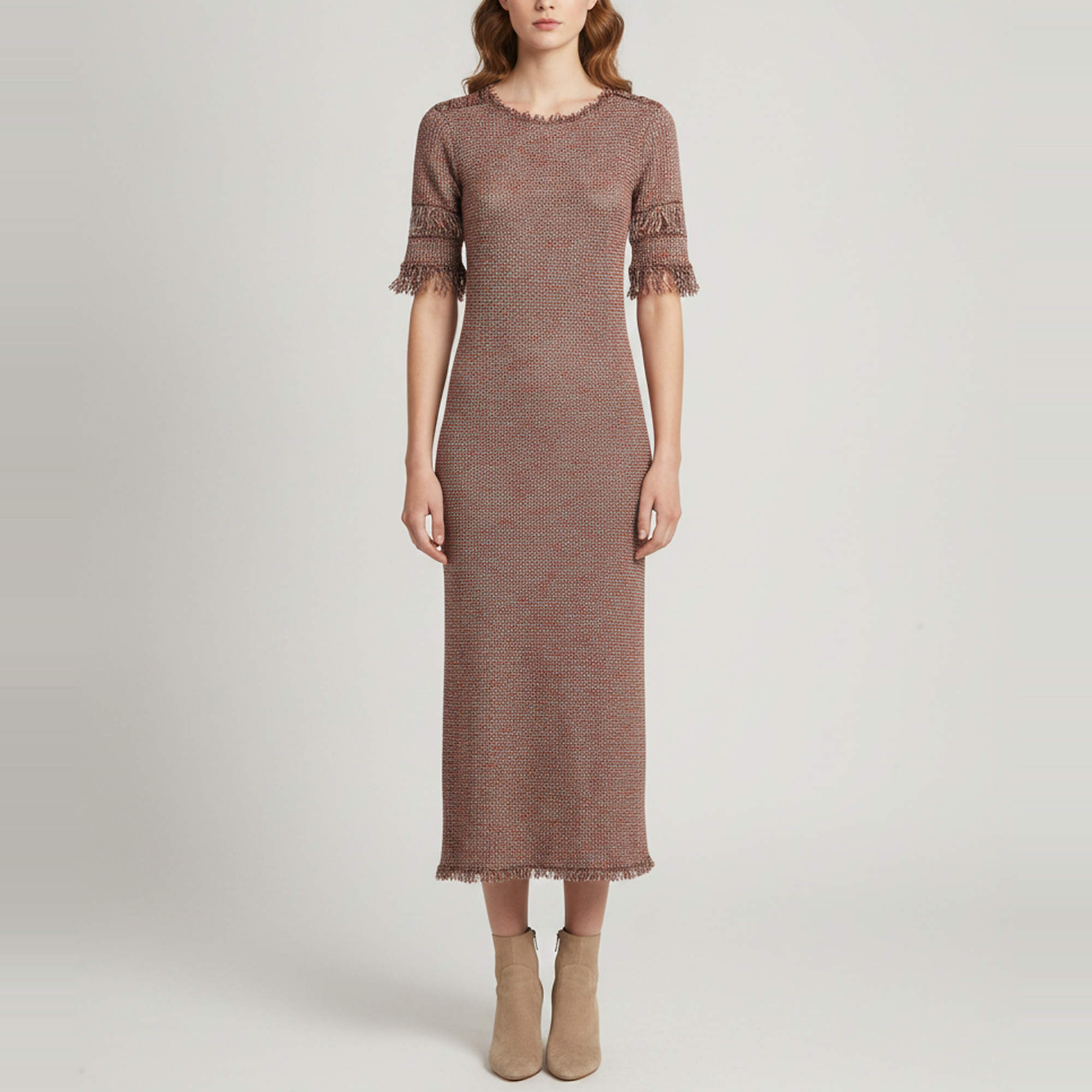 Pre Owned Isabel Marant Burgundy Boucle Knit Fringed Maxi Dress M