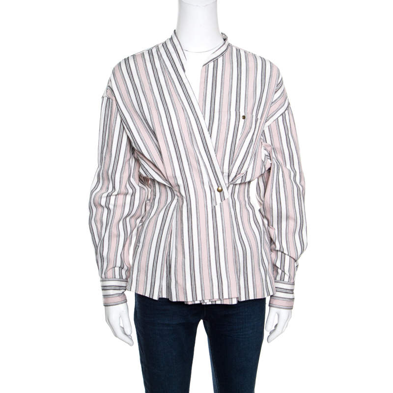 Pre Owned Isabel Marant Pink and White Striped Cotton Jacquard Wrap Front Silvia Shirt M