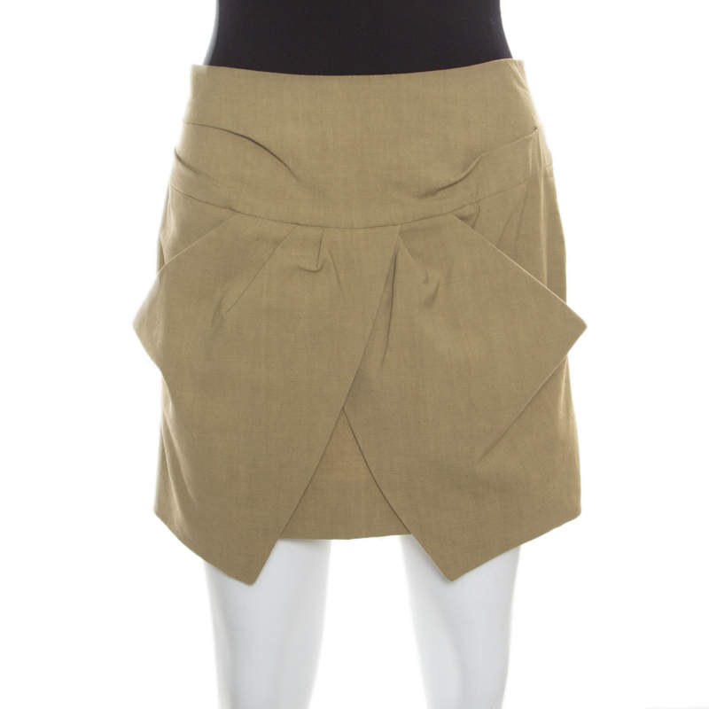 Pre Owned Isabel Marant Olive Green Linen Pegged Pocket Detail Faux Wrap Mini Skirt M