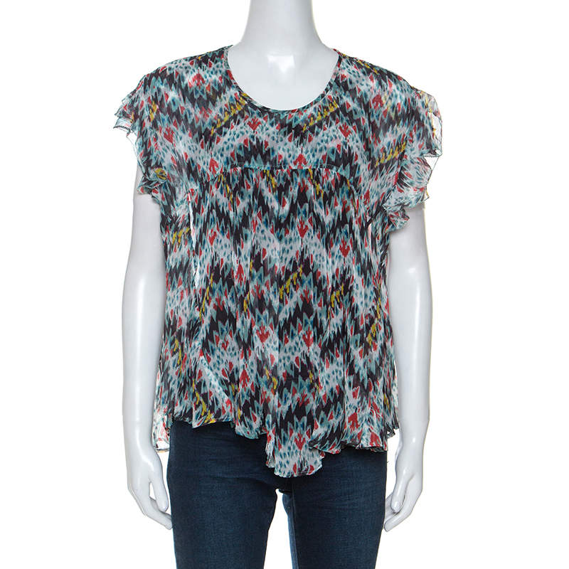 Pre Owned Isabel Marant Multicolor Printed Silk Ruffled Sleeve Top M