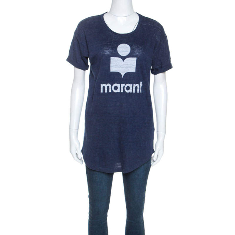Pre Owned Isabel Marant Navy Blue Moby Logo Printed Linen T-shirt M