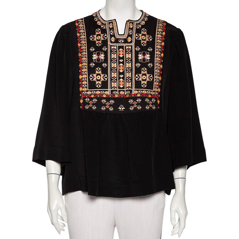 Isabel Marant Black Silk Embroidered Roma Top L