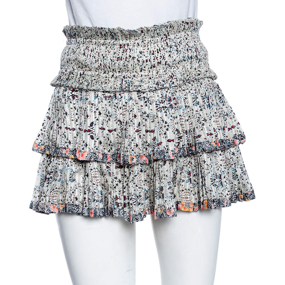 Pre Owned Isabel Marant Multicolor Floral Print Silk Tiered Pleated Mini Skirt S