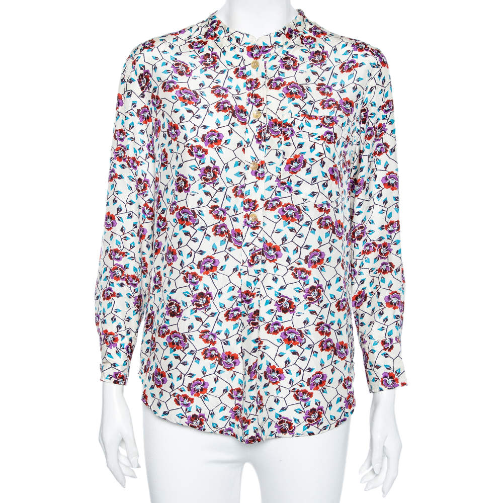 Pre Owned Isabel Marant White Floral Printed Silk Button Front Shirt S