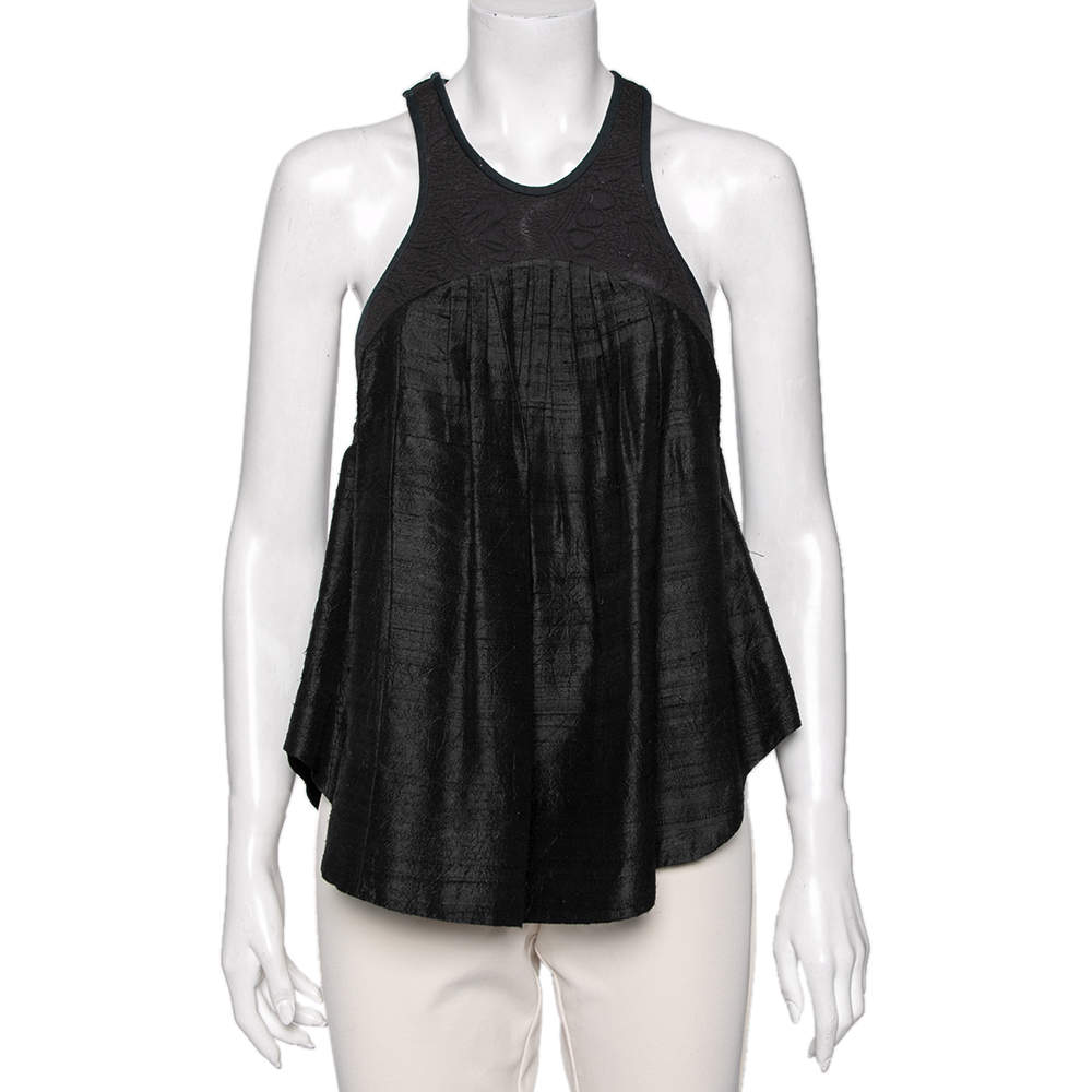 Pre Owned Isabel Marant Black Floral Embroidered Cotton & Silk Pleated Detail Top M