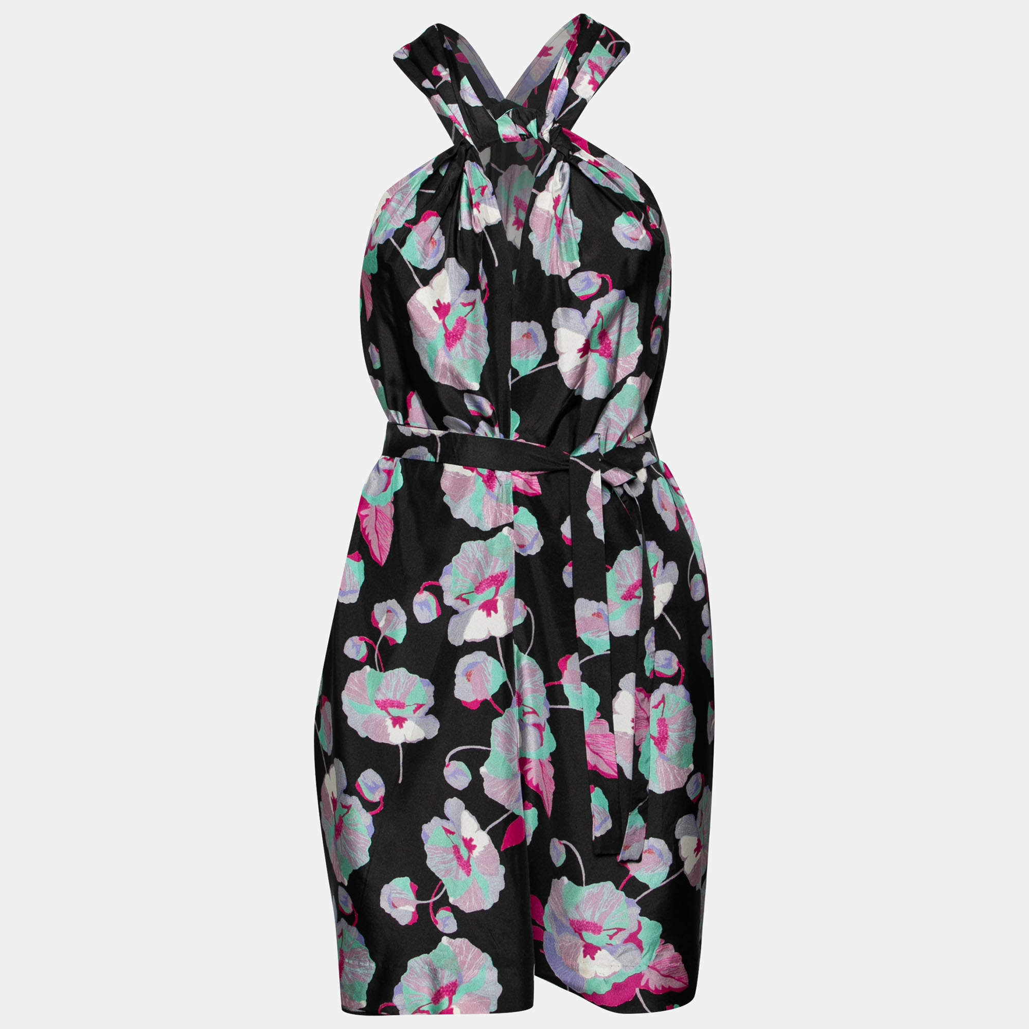Pre Owned Isabel Marant Black Floral Printed Silk Belted Sleeveless Dress S
