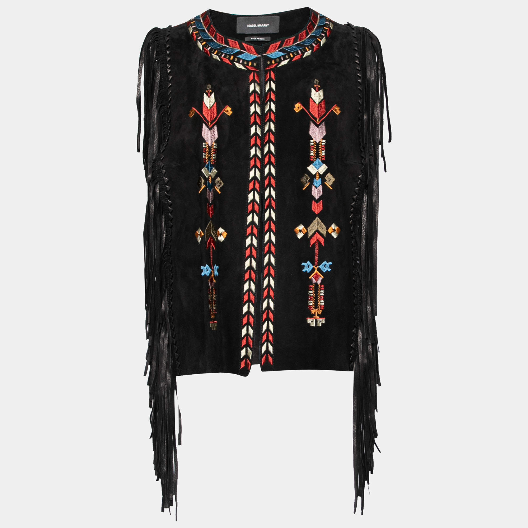 Isabel Marant Black Embroidered Suede Fringed Open-Front Vest L