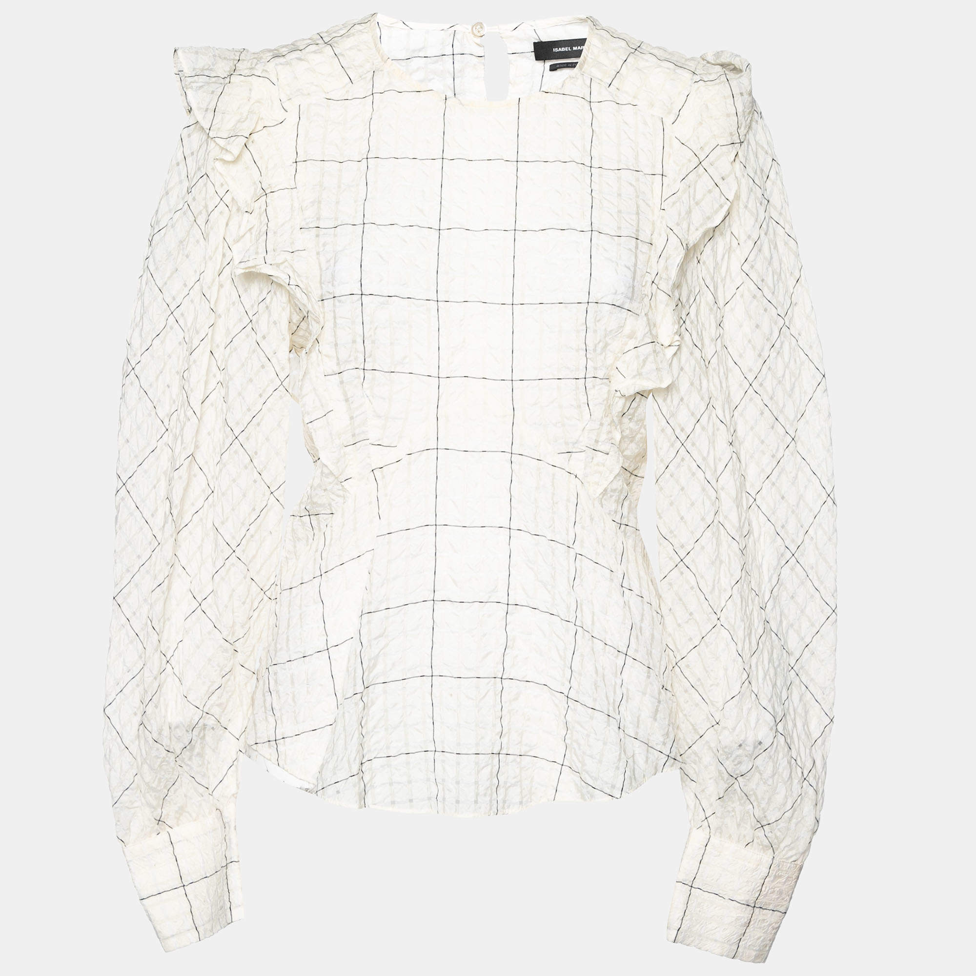 Pre Owned Isabel Marant Cream Cupro Ruffled Checked Seersucker Blouse M