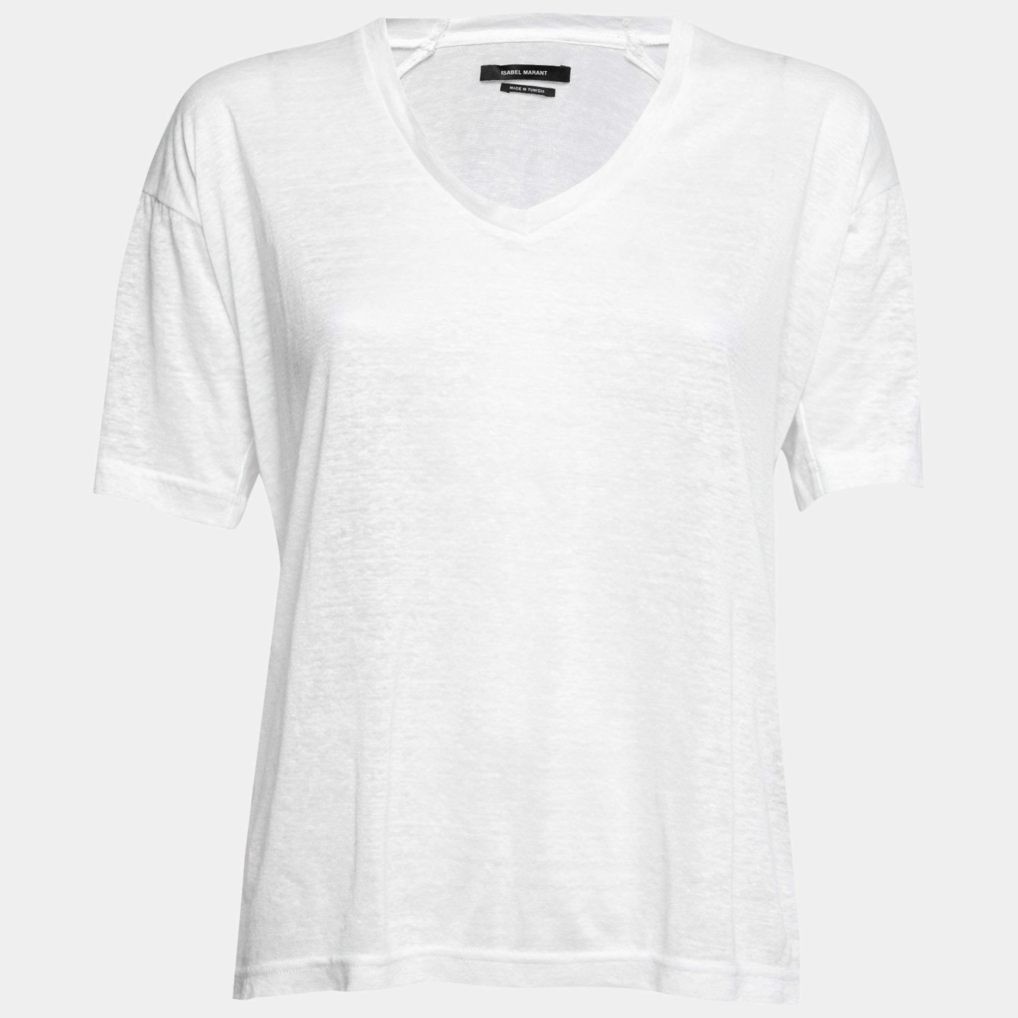 Pre Owned Isabel Marant White Linen Short Sleeve V-Neck T-Shirt M