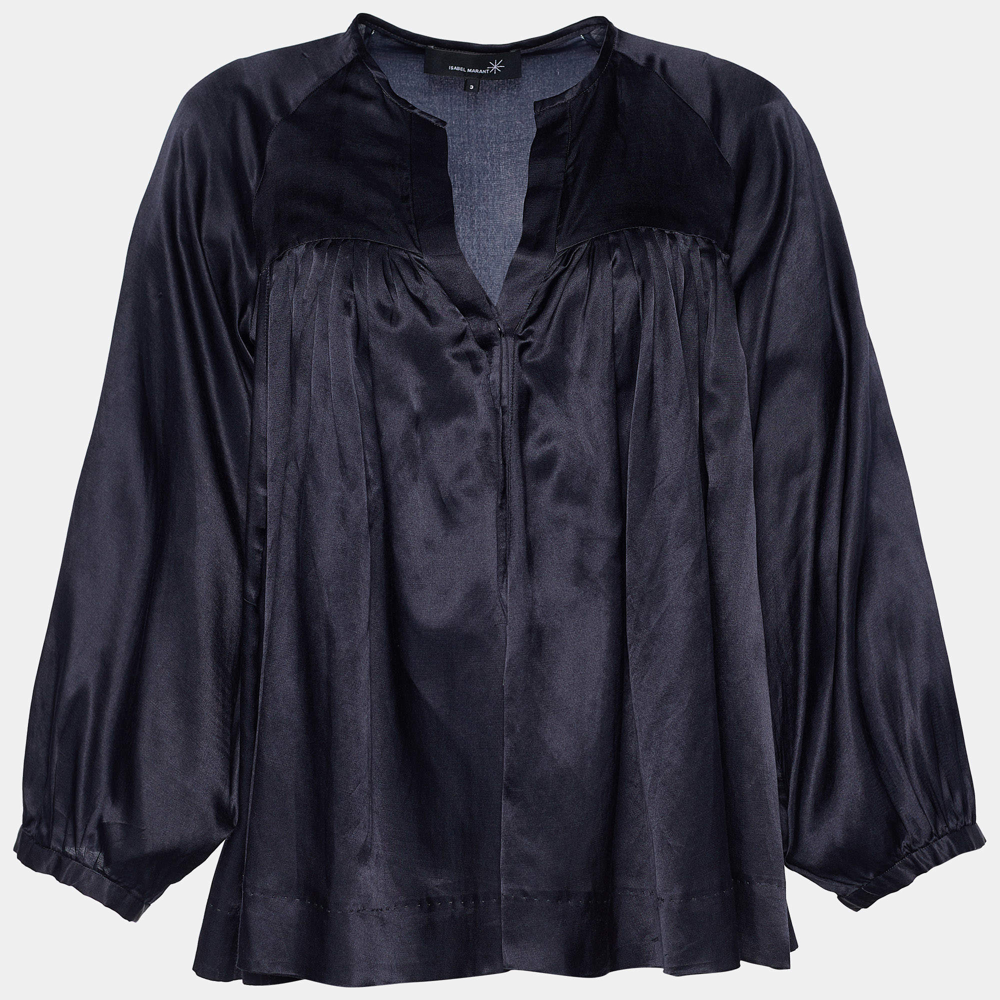 Pre Owned Isabel Marant Navy Blue Cotton & Silk Satin Pleated Blouse L