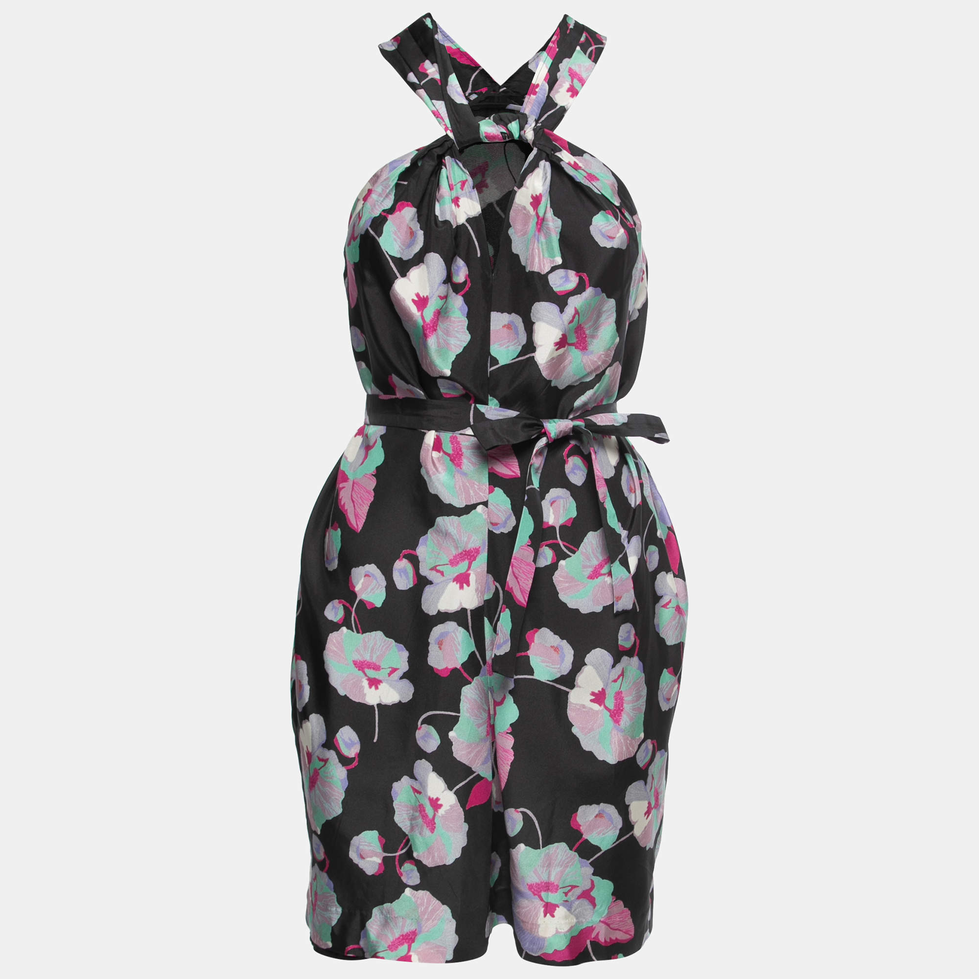 Pre Owned Isabel Marant Black Floral Printed Silk Belted Sleeveless Dress S