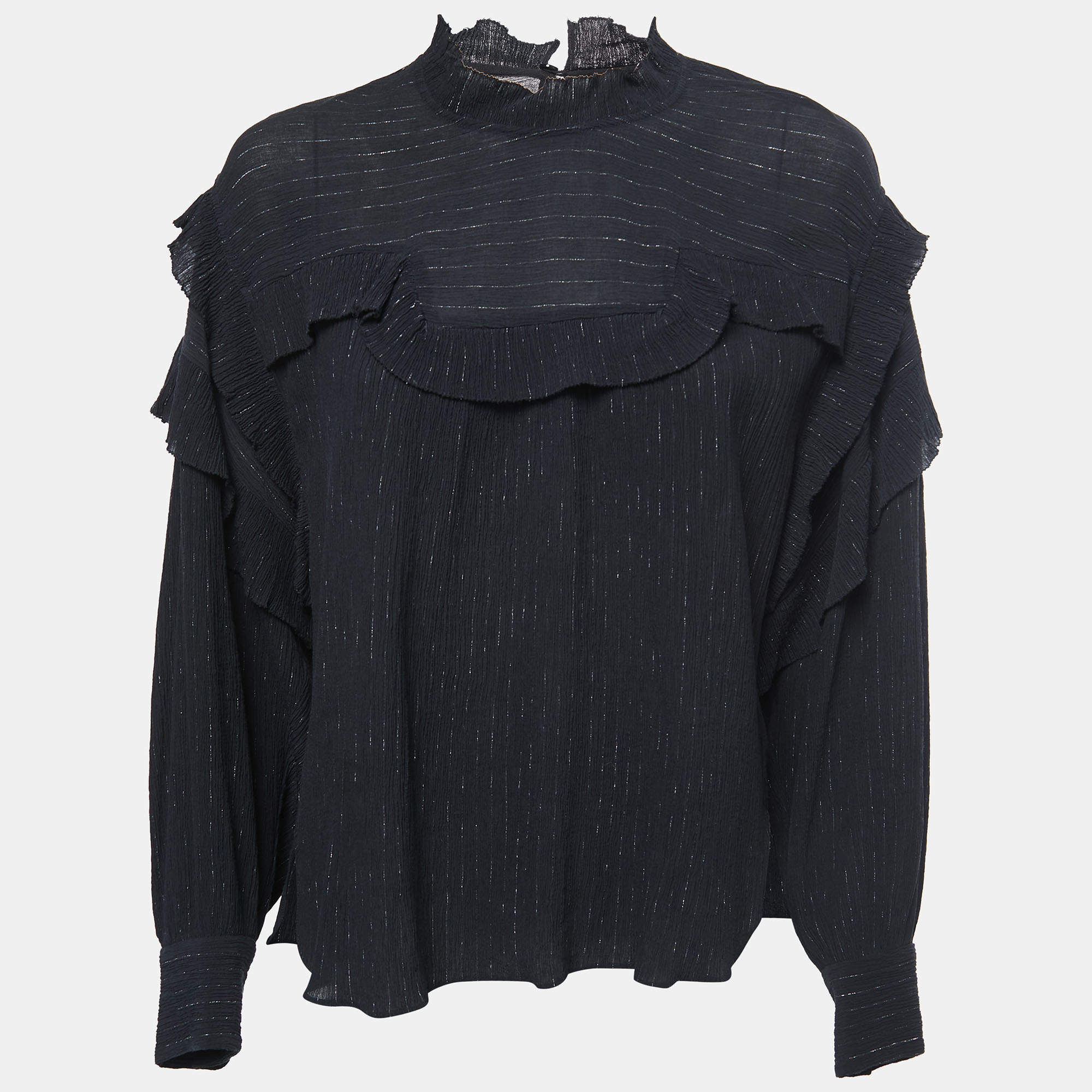 Isabel Marant Black Crinkled Cotton & Silk Ruffled Blouse M