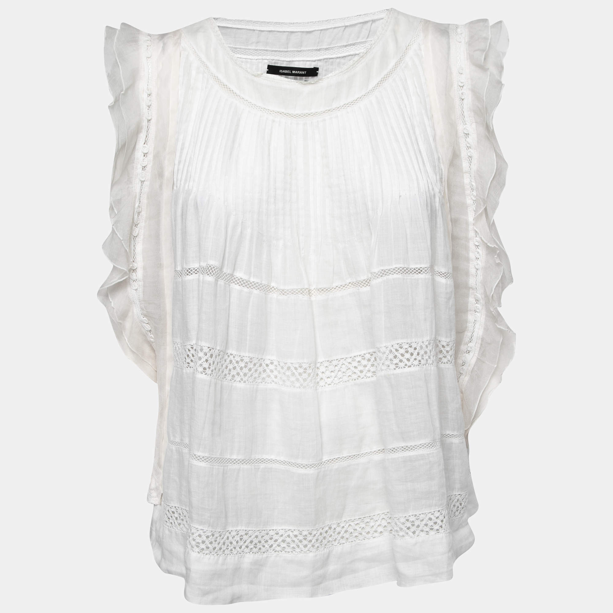 Isabel Marant White Ramie Pleated Front Lace Trimmed Top M