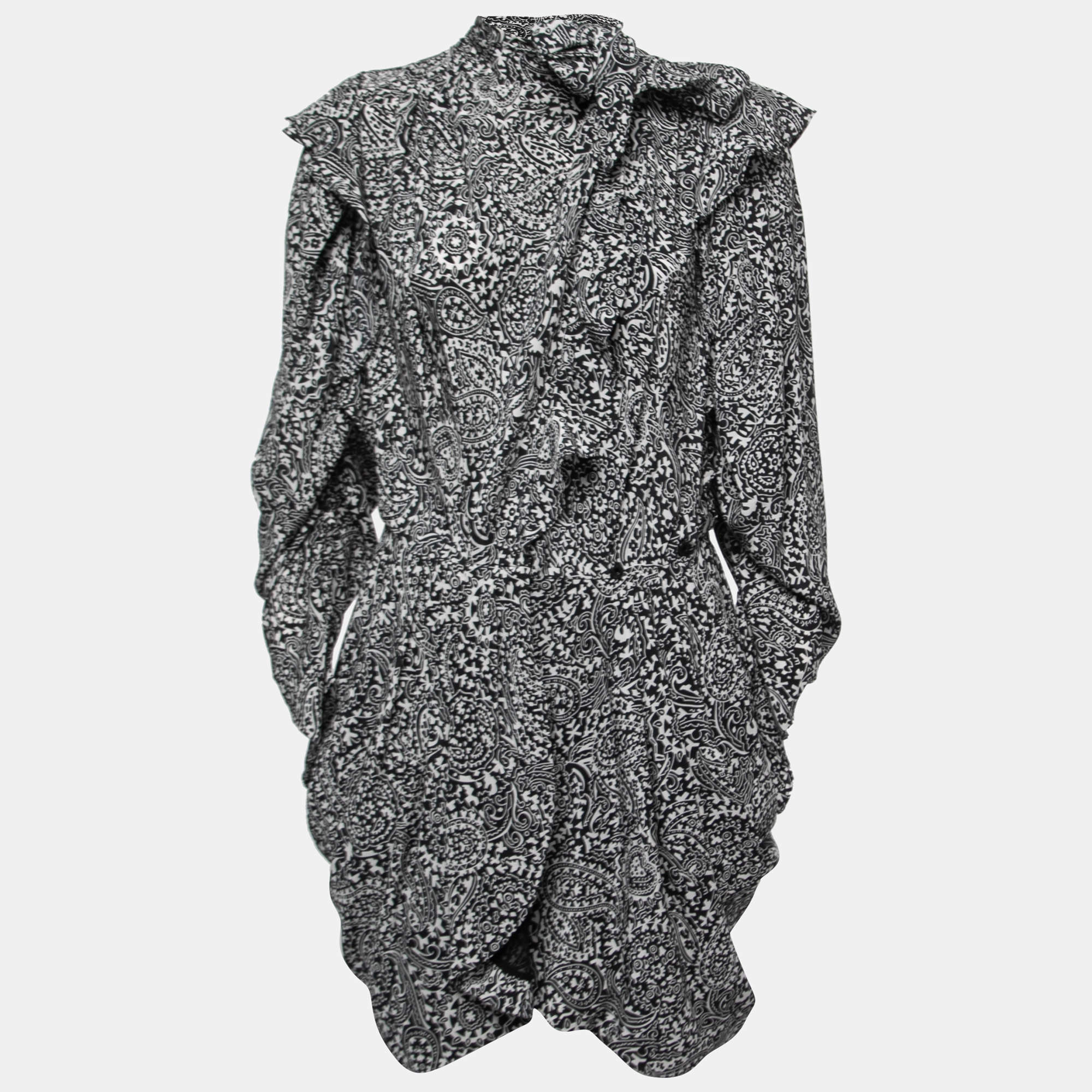 Isabel Marant Black Paisley Printed Silk Bruna Draped Mini Dress S