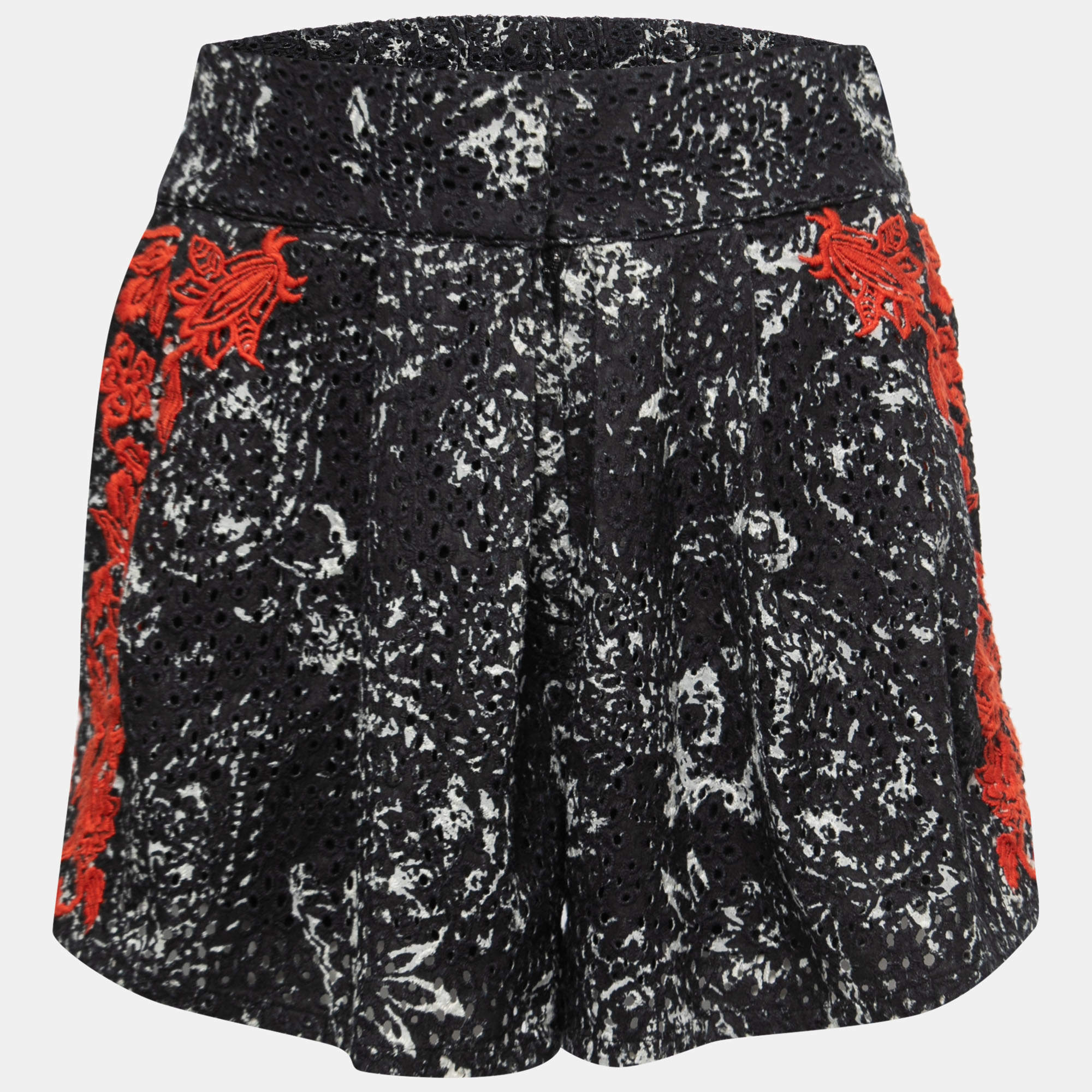 Isabel Marant Black Embroidered Eyelet Cotton High Waist Shorts S
