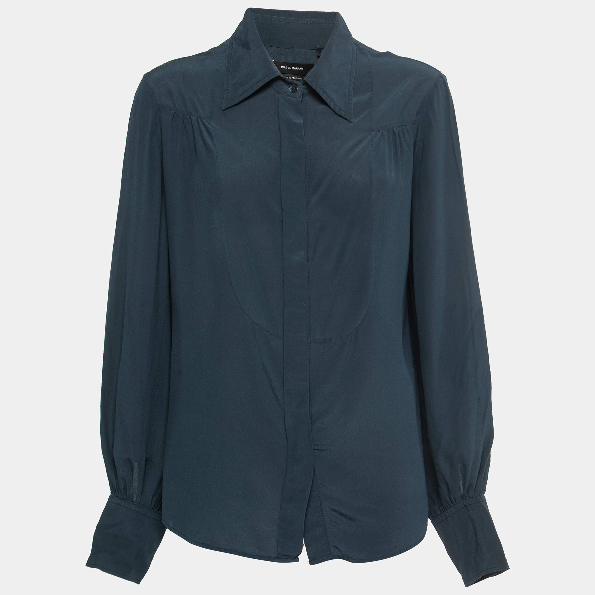 Pre Owned Isabel Marant Dark Green Silk Button Front Full Sleeve Shirt Blouse L