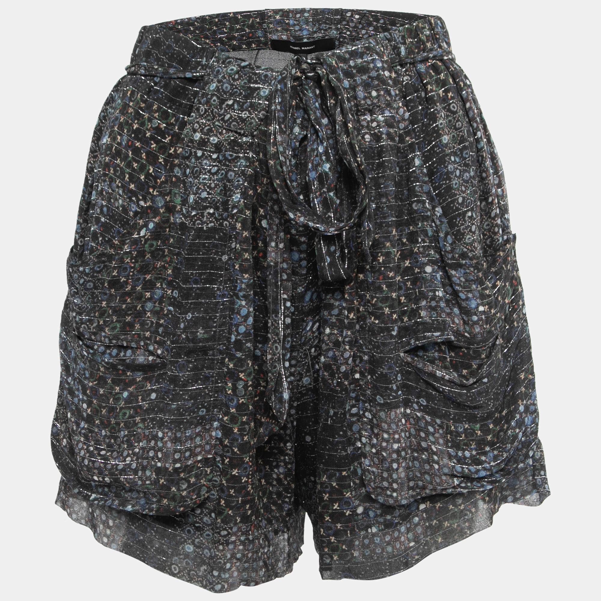 Isabel Marant Navy Blue Printed Silk & Lurex Shorts M