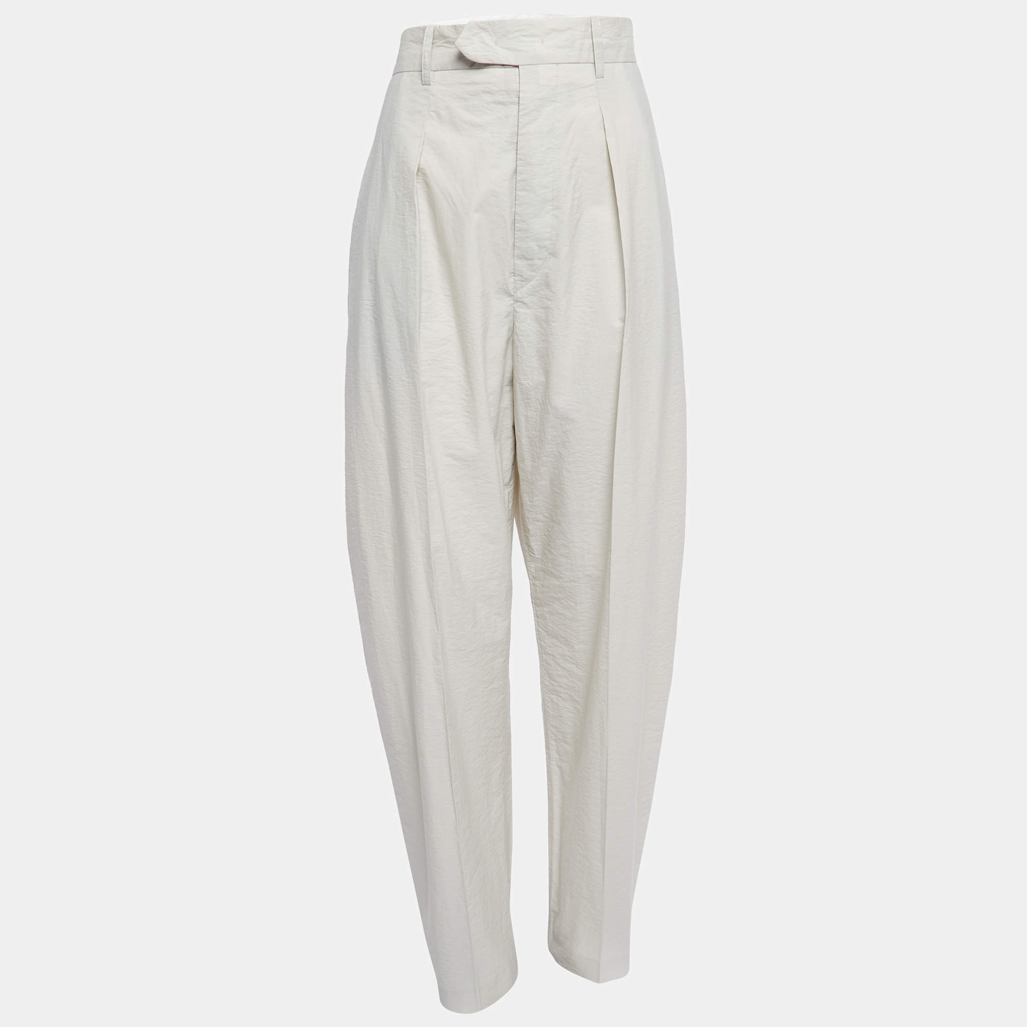 Pre Owned Isabel Marant Light Grey Cotton Pleated High Waist Trousers M