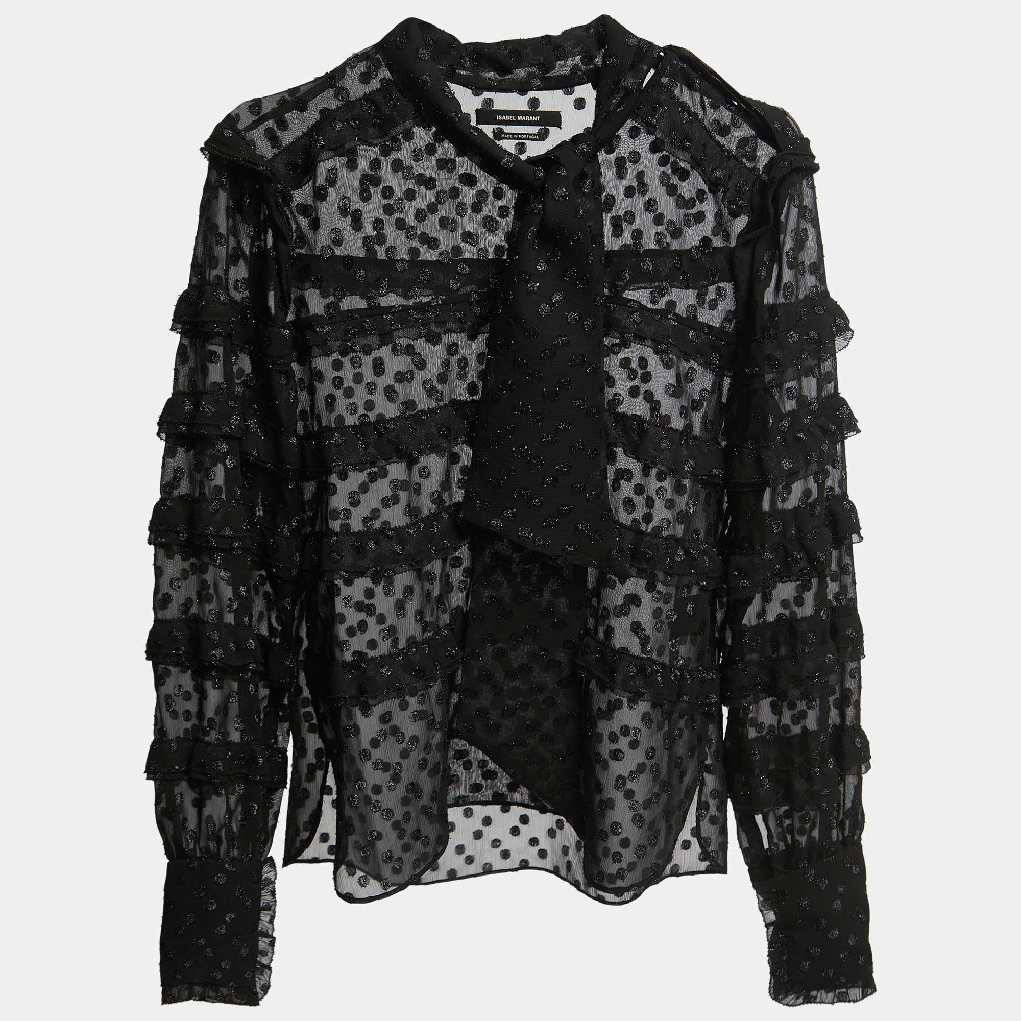 Isabel Marant Black Polka Dot Metallic Chiffon Ruffled Blouse S