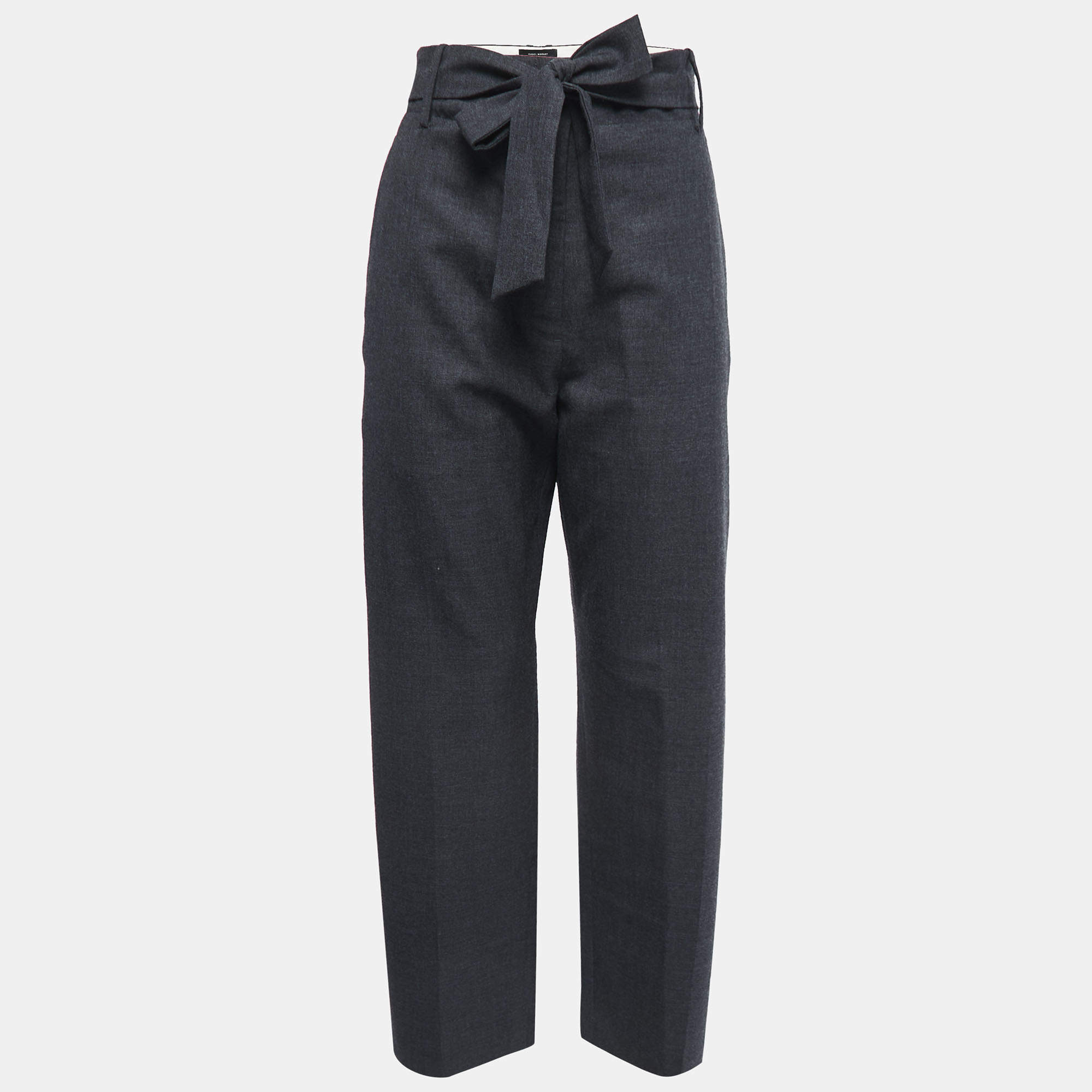 Pre Owned Isabel Marant Charcoal Grey Wool Belted Wide Leg Trousers M