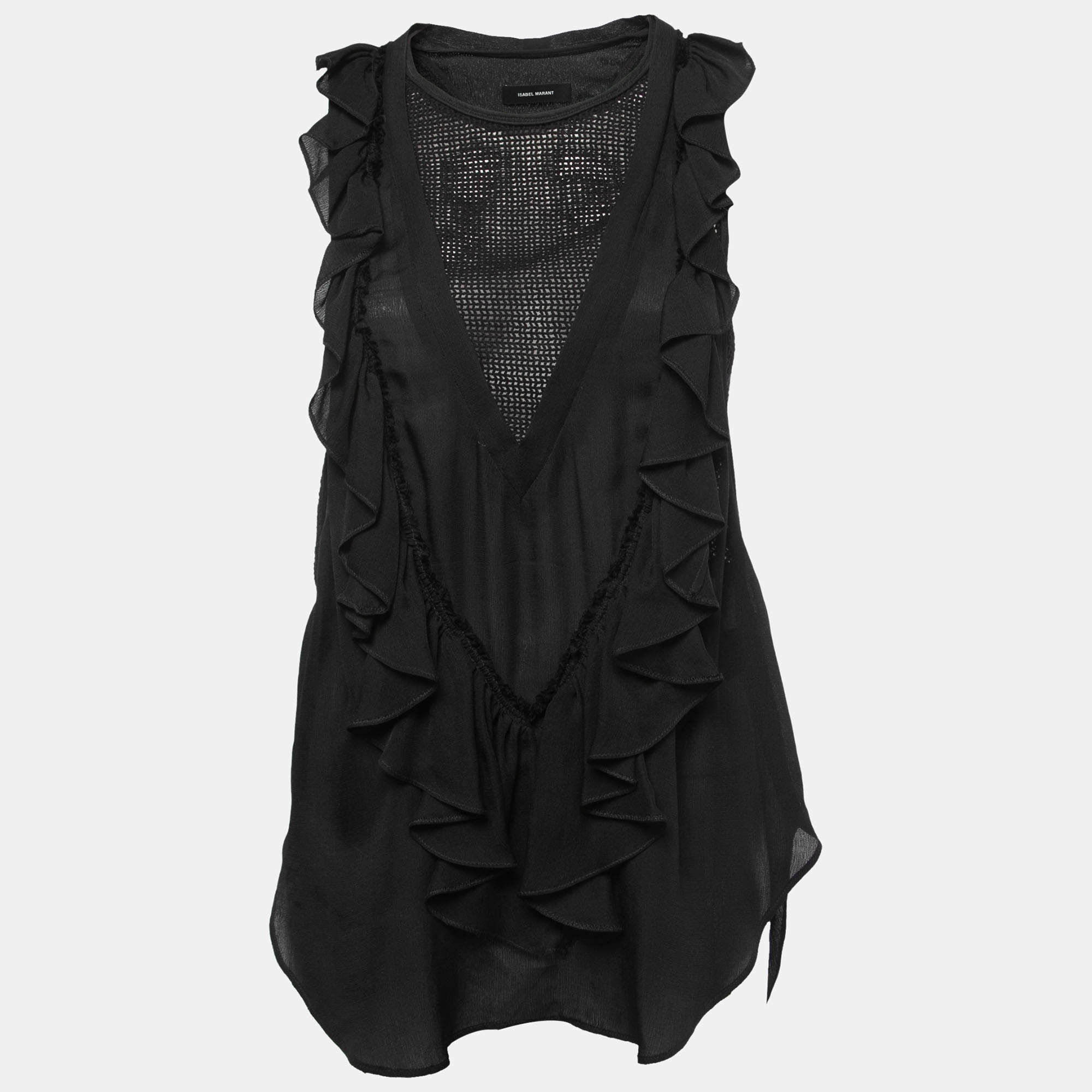Pre Owned Isabel Marant Black Silk Ruffled Sleeveless Blouse S
